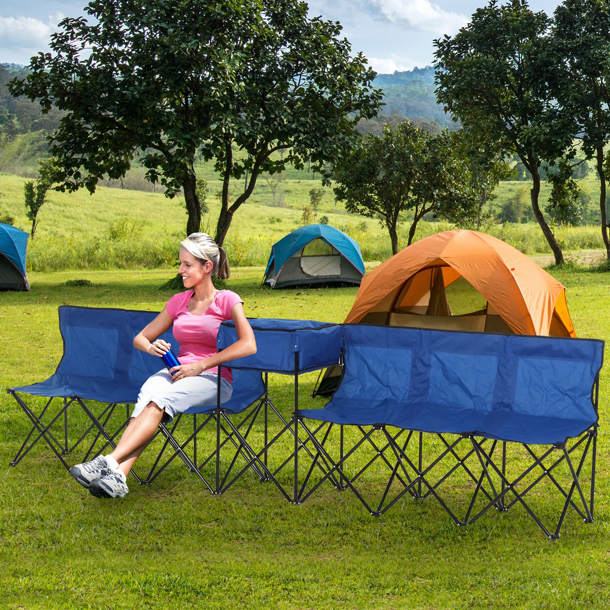 Outsunny 6 Seat Folding Sports Bench Portable Sports Team Bench Spectator Chair with Cooler Bag and Carrying Bag for Outdoor Picnic Camping - Blue - North Peak Garden Furniture