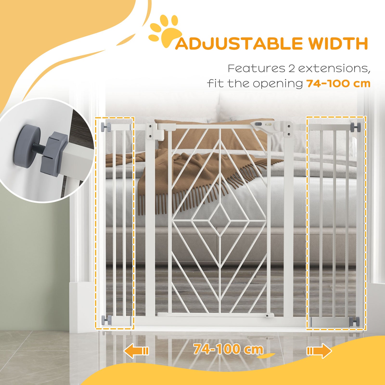 PawHut Pressure Fit Stair Gate Dog Gate w/ Auto Closing Door, Double Locking, Easy Installation, for 74-100cm Openings - White - North Peak Garden Furniture
