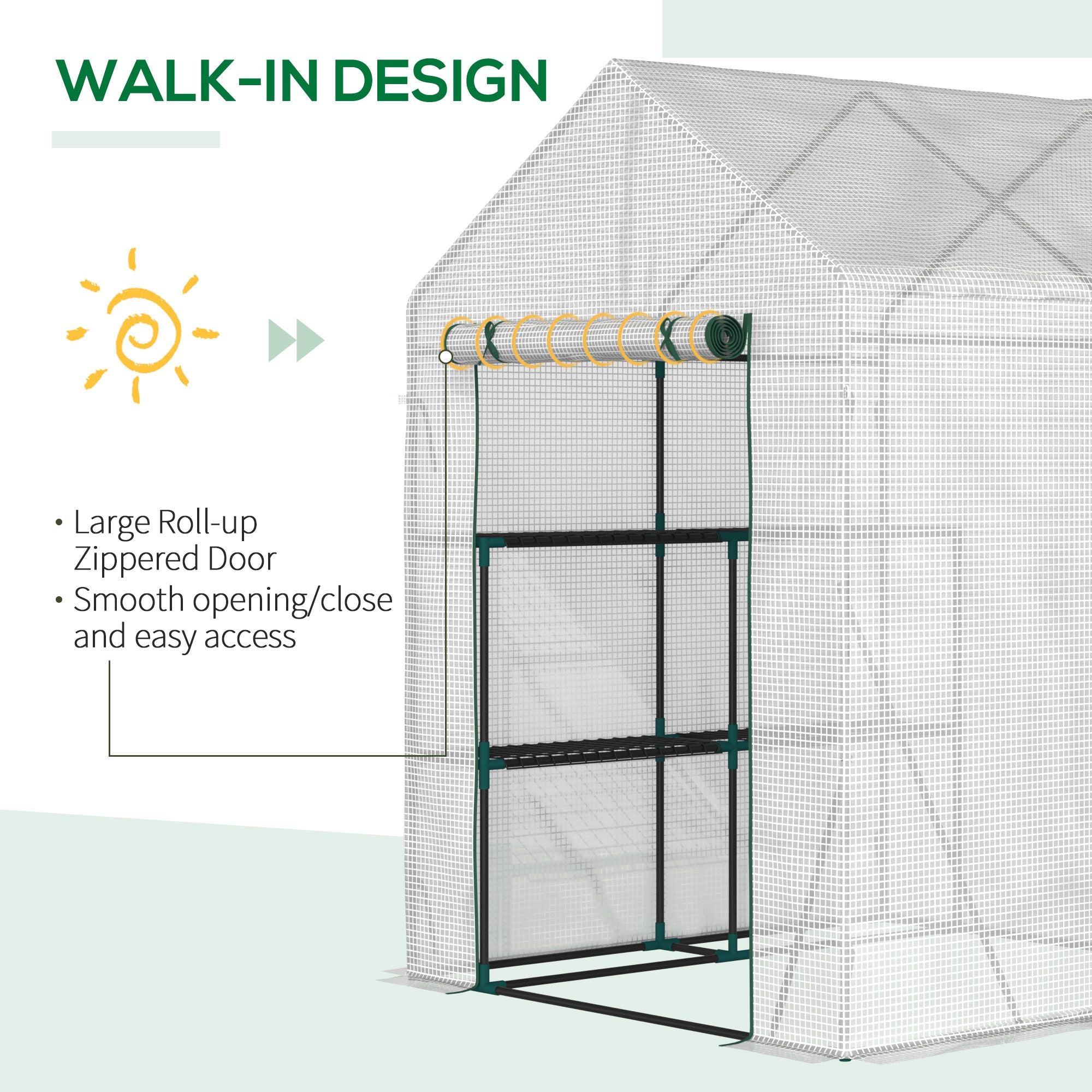 Outsunny Greenhouse for Outdoor, Portable Gardening Plant Grow House with 2 Tier Shelf, Roll-Up Zippered Door, PE Cover, 143 x 143 x 195cm, Green - North Peak Garden Furniture