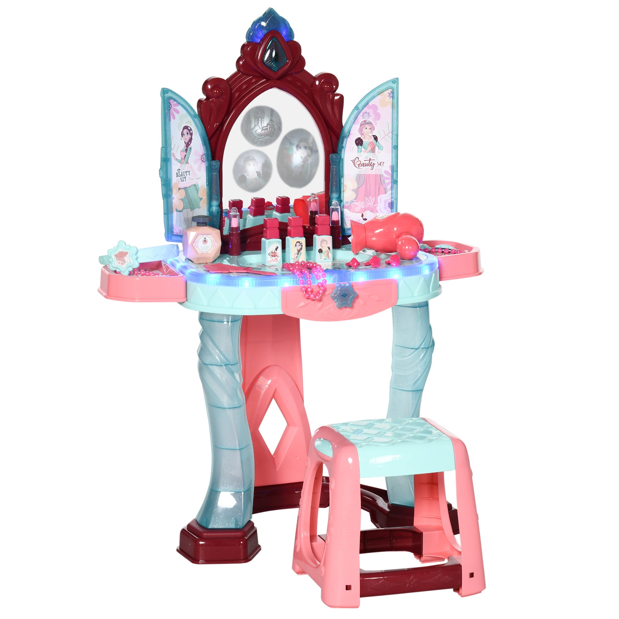 AIYAPLAY 31 Piece Kids Dressing Playset, with Magical Princess Mirror, Light and Sound - Pink and Blue