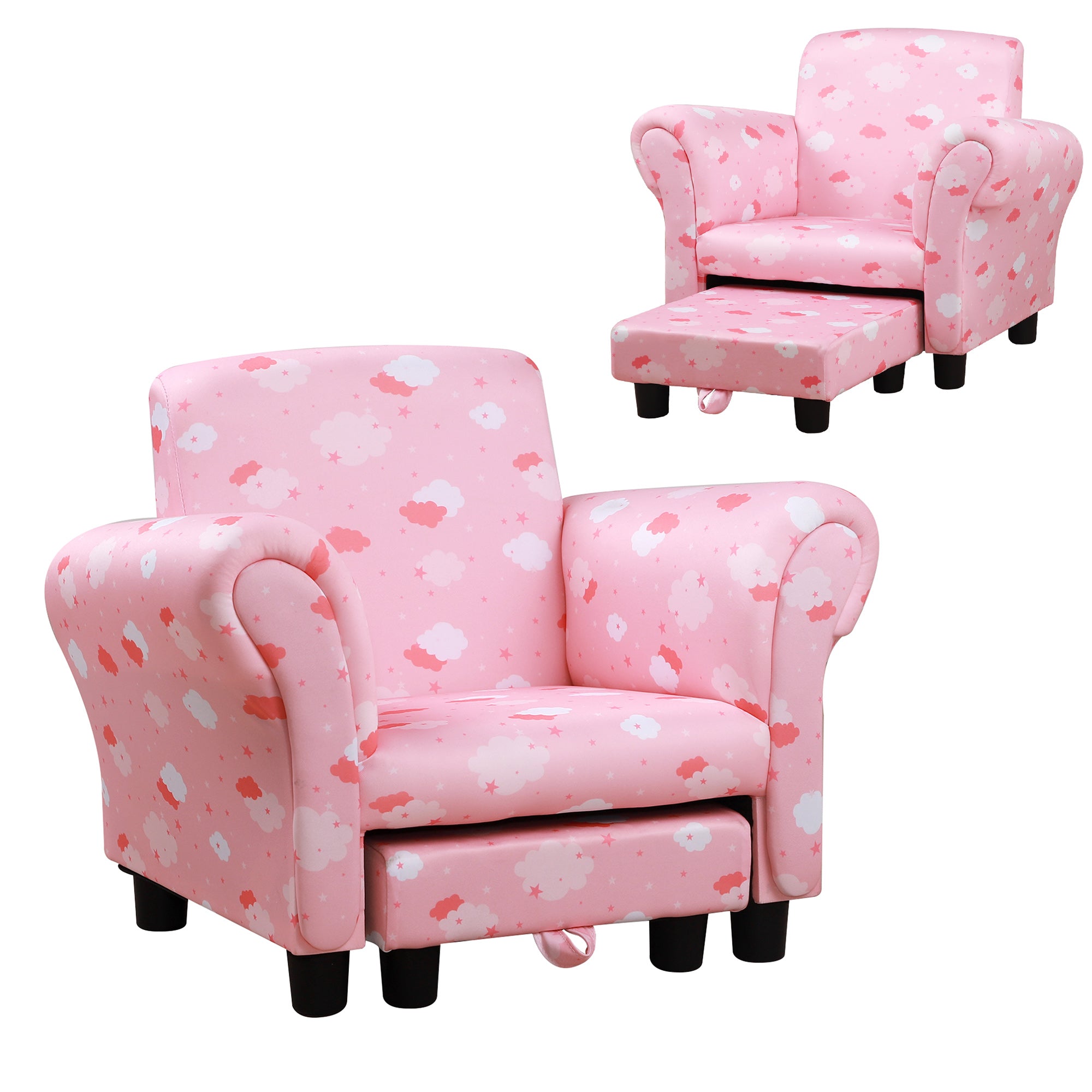HOMCOM Toddler Chair Children's Armchairs Wood Frame w/ Footrest Anti-Slip Legs High Back Arms for Bedroom Playroom Cute Cloud Star Pink - North Peak Garden Furniture