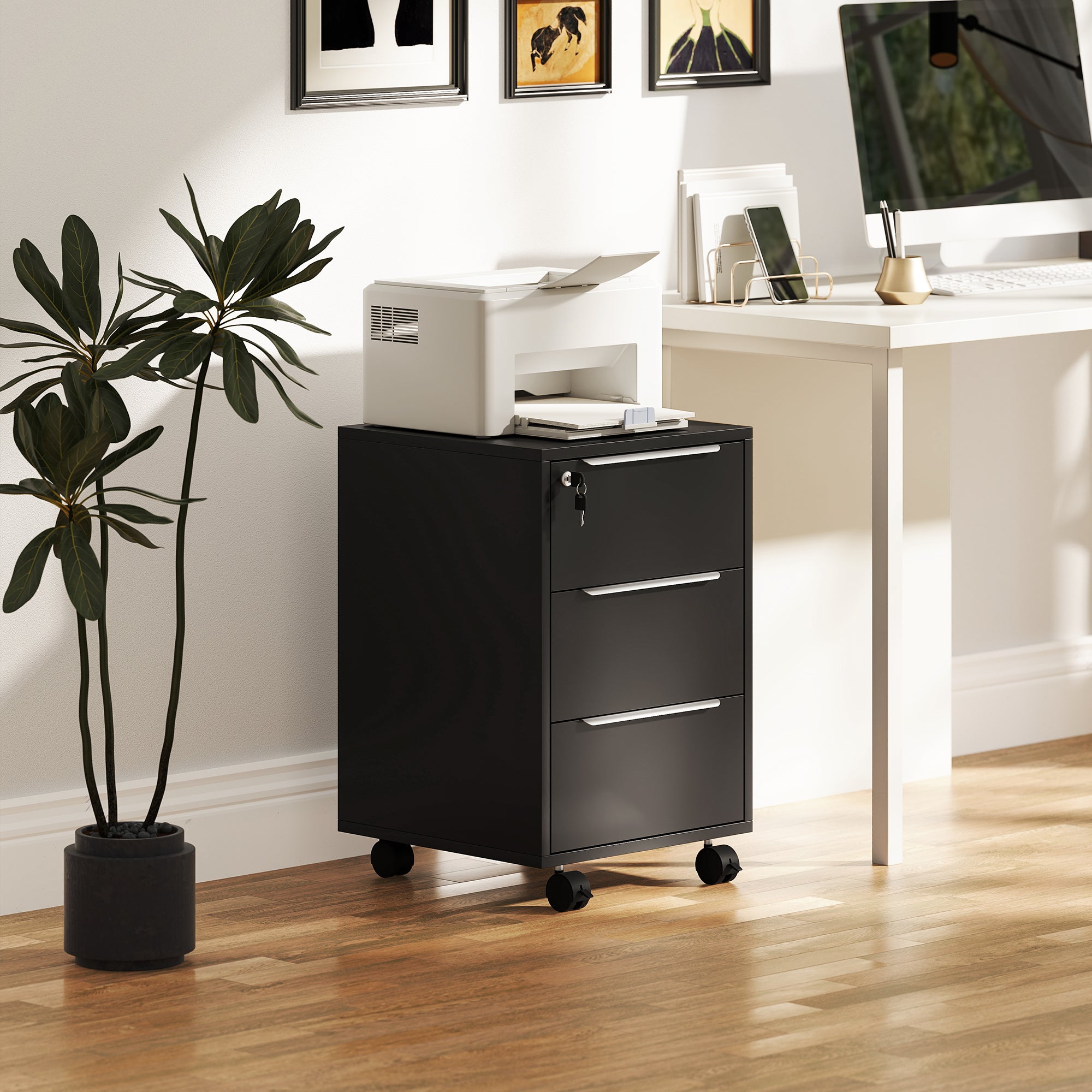 HOMCOM Three-Drawer Locking Filing Cabinet - Black - North Peak Garden Furniture