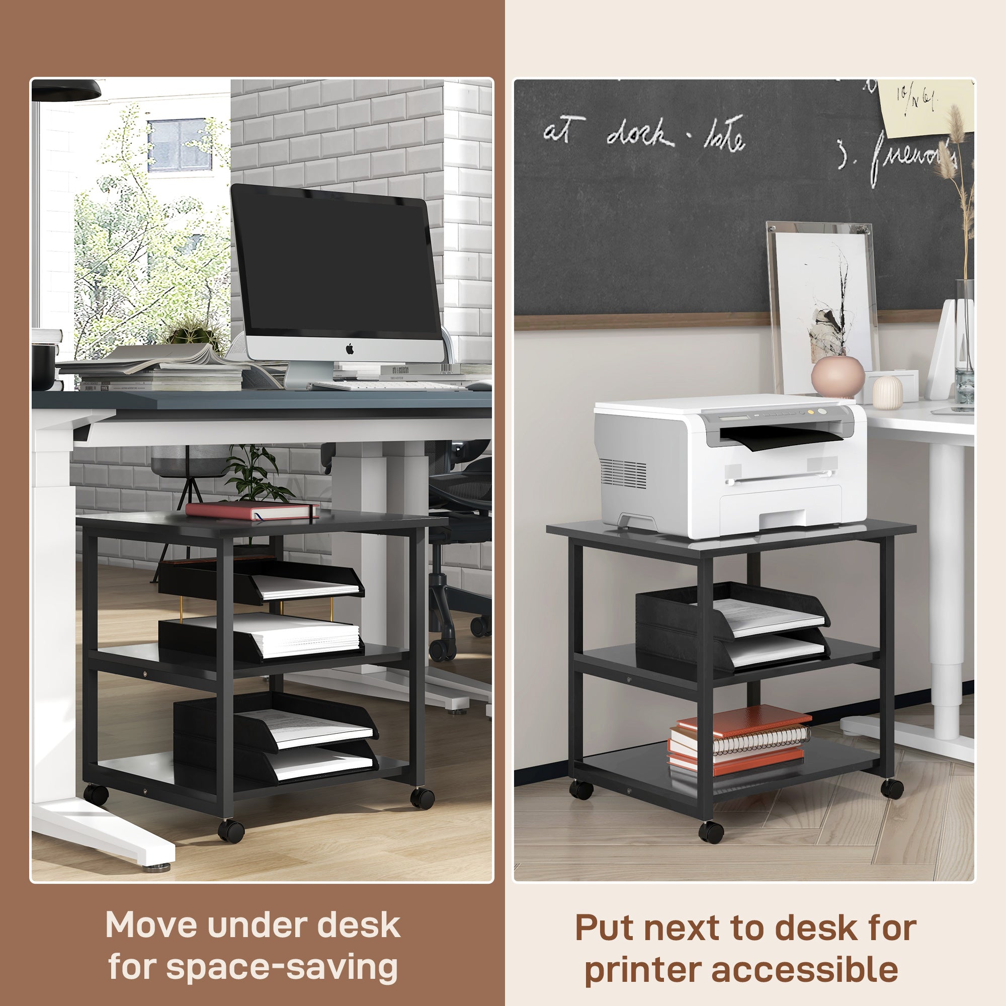 HOMCOM Three-Tier Steel Printer Stand, with Wheels - Black - North Peak Garden Furniture