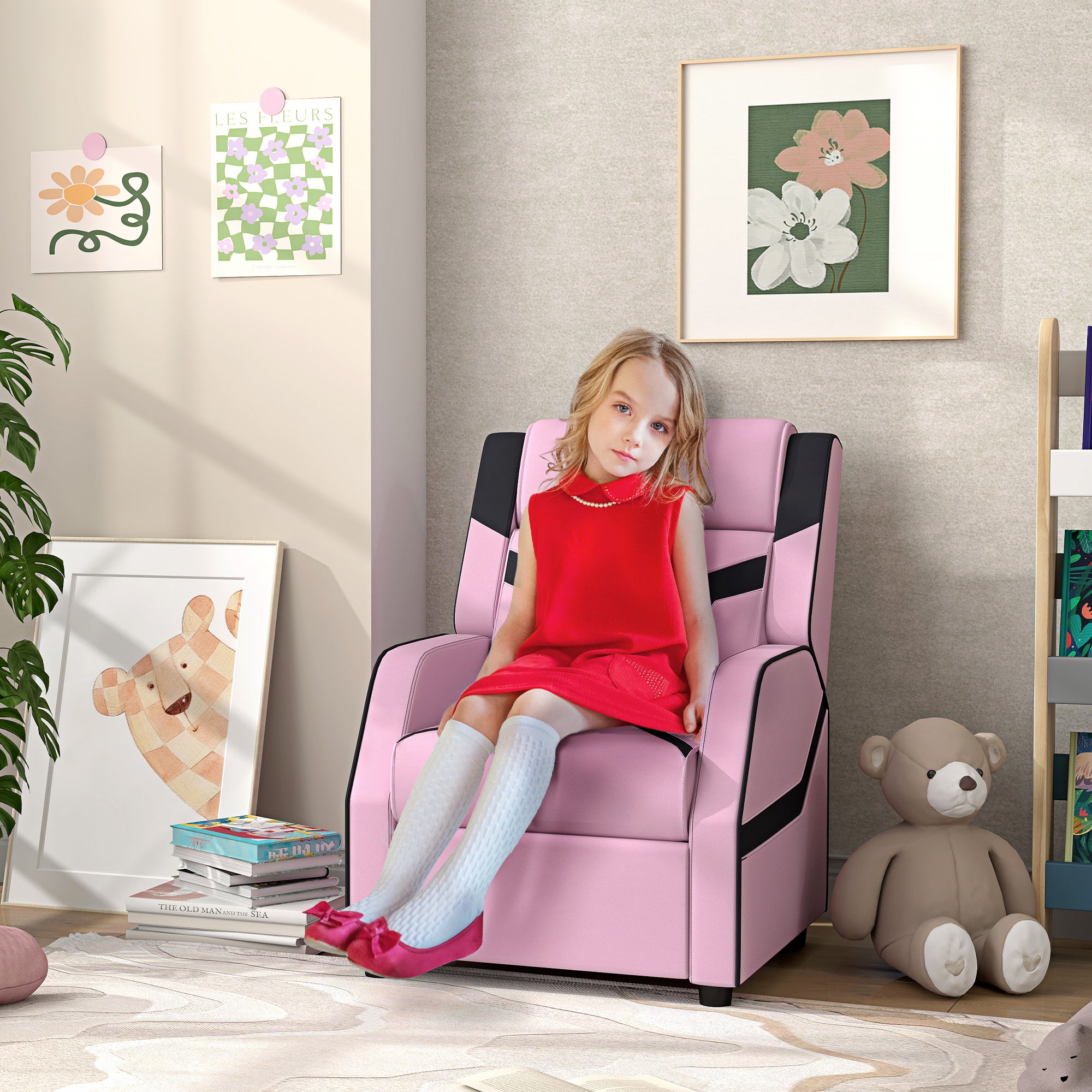 AIYAPLAY 2 in 1 Kids Chair Recliner with Backrest, Armrest, Footrest, PU Leather, for 3-9 Years Old, Pink - North Peak Garden Furniture