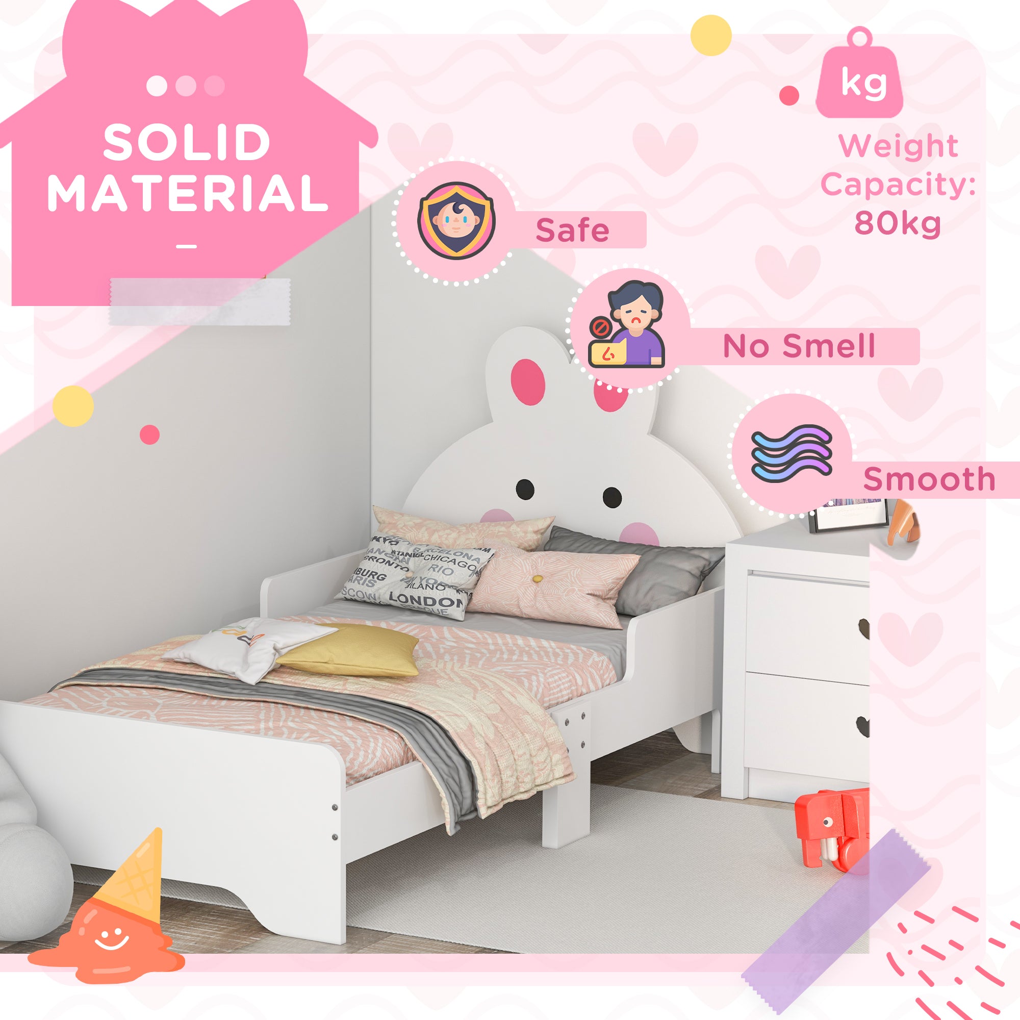 ZONEKIZ Wooden Kids Bedroom Furniture Set with Kids Dressing Table, Stool, Bed, for 3-6 Years, Bunny-Design - North Peak Garden Furniture