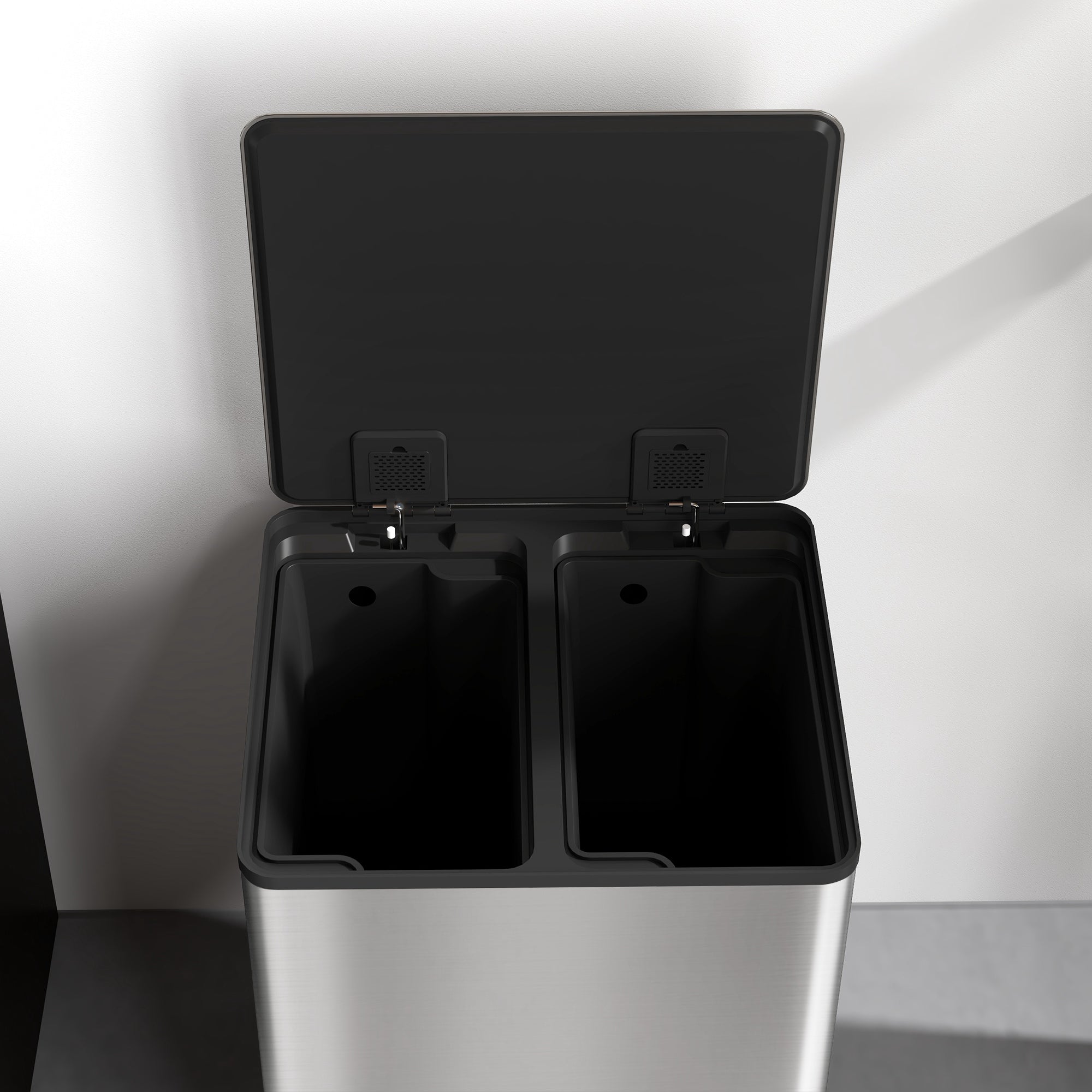 HOMCOM 60L Dual Compartment Stainless Steel Bin, with Deodoriser Holders - Silver Tone - North Peak Garden Furniture