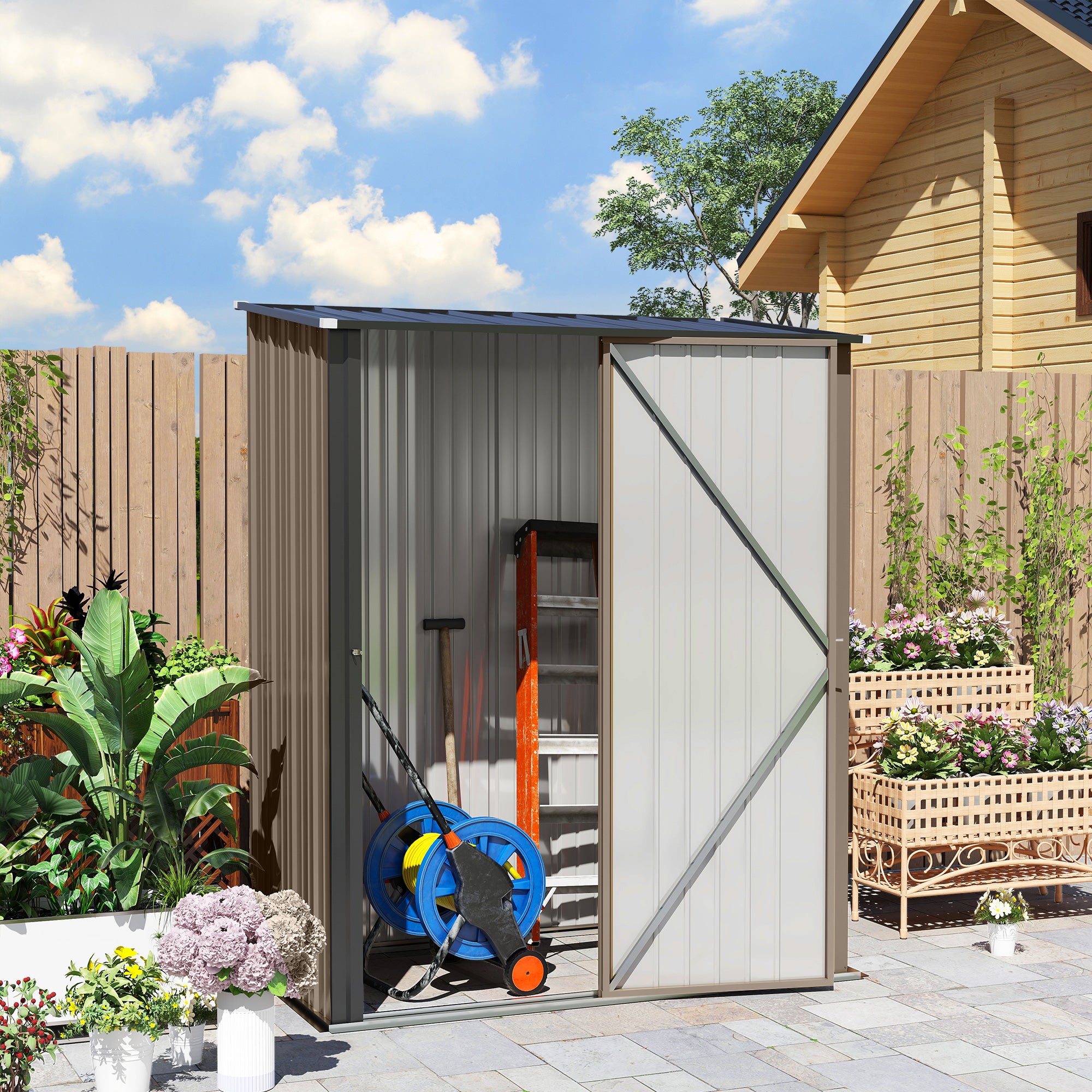 Outsunny Outdoor Storage Shed, Garden Metal Storage Shed w/ Single Door for Garden, Patio, 5.3ft x 3.1ft, Brown