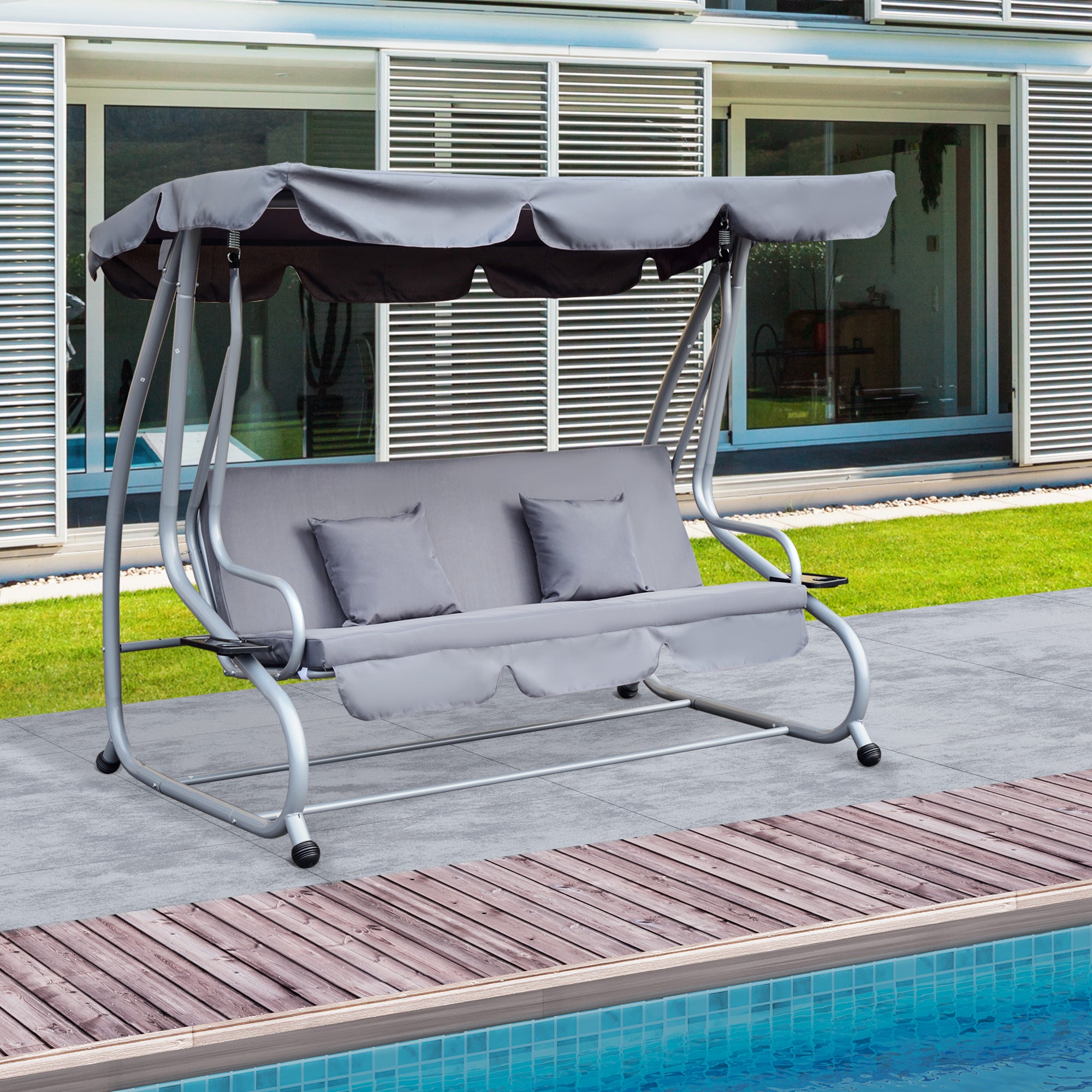 Outsunny 2-in-1 Garden Swing Seat Bed, 3 Seater Convertible Swing Chair Bench with Tilting Canopy, Cushioned Seat and 2 Pillows for Patio, Yard, Grey