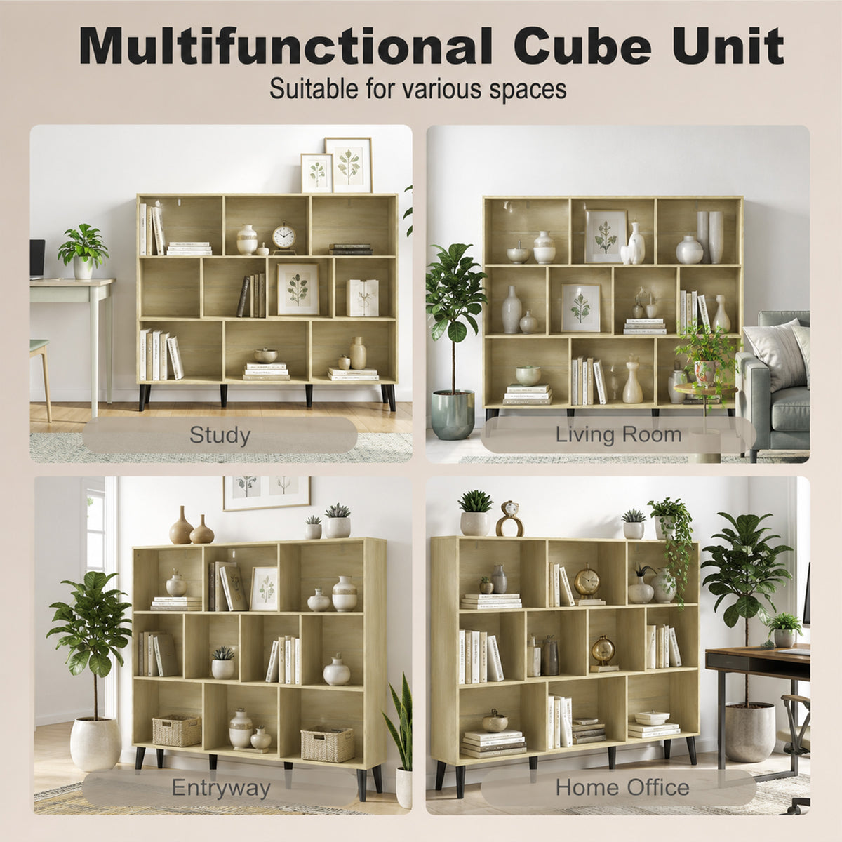 HOMCOM 10-Cube Bookcase, 3-Tier Book Shelf with Solid Wood Legs, 140 cm Modern Bookshelf with Anti-Tip Kit, Oak
