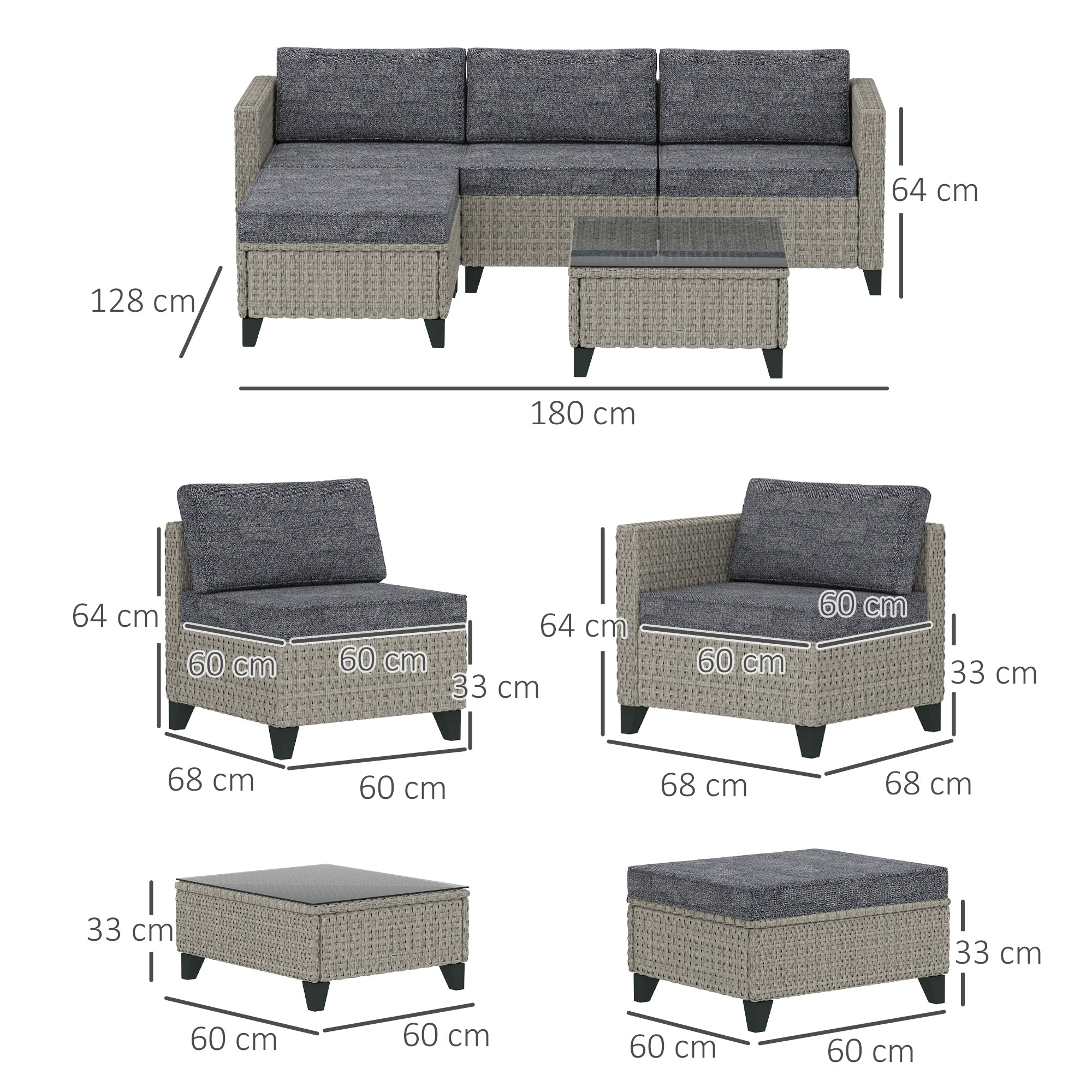 Outsunny 5-Piece Rattan Patio Furniture Set with Corner Sofa, Footstools, Coffee Table, for Poolside, Dark Grey