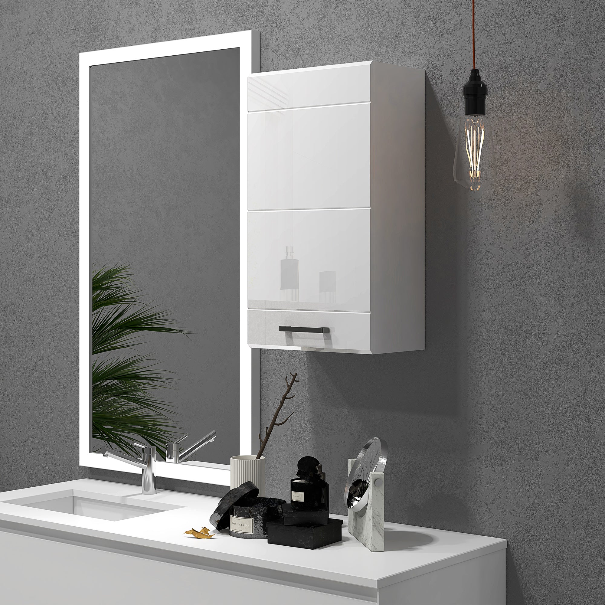 kleankin Bathroom Wall Cabinet, High Gloss Bathroom Storage Cabinet with Soft-Close Door, 3 Shelves, Adjustable Shelf, White