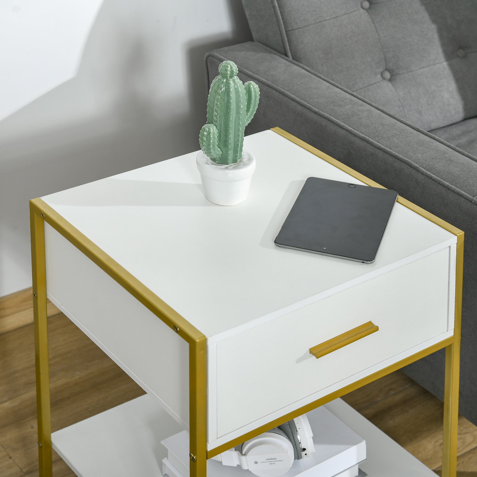HOMCOM Set of Two Elegant Bedside Tables - White/Gold-Tone - North Peak Garden Furniture