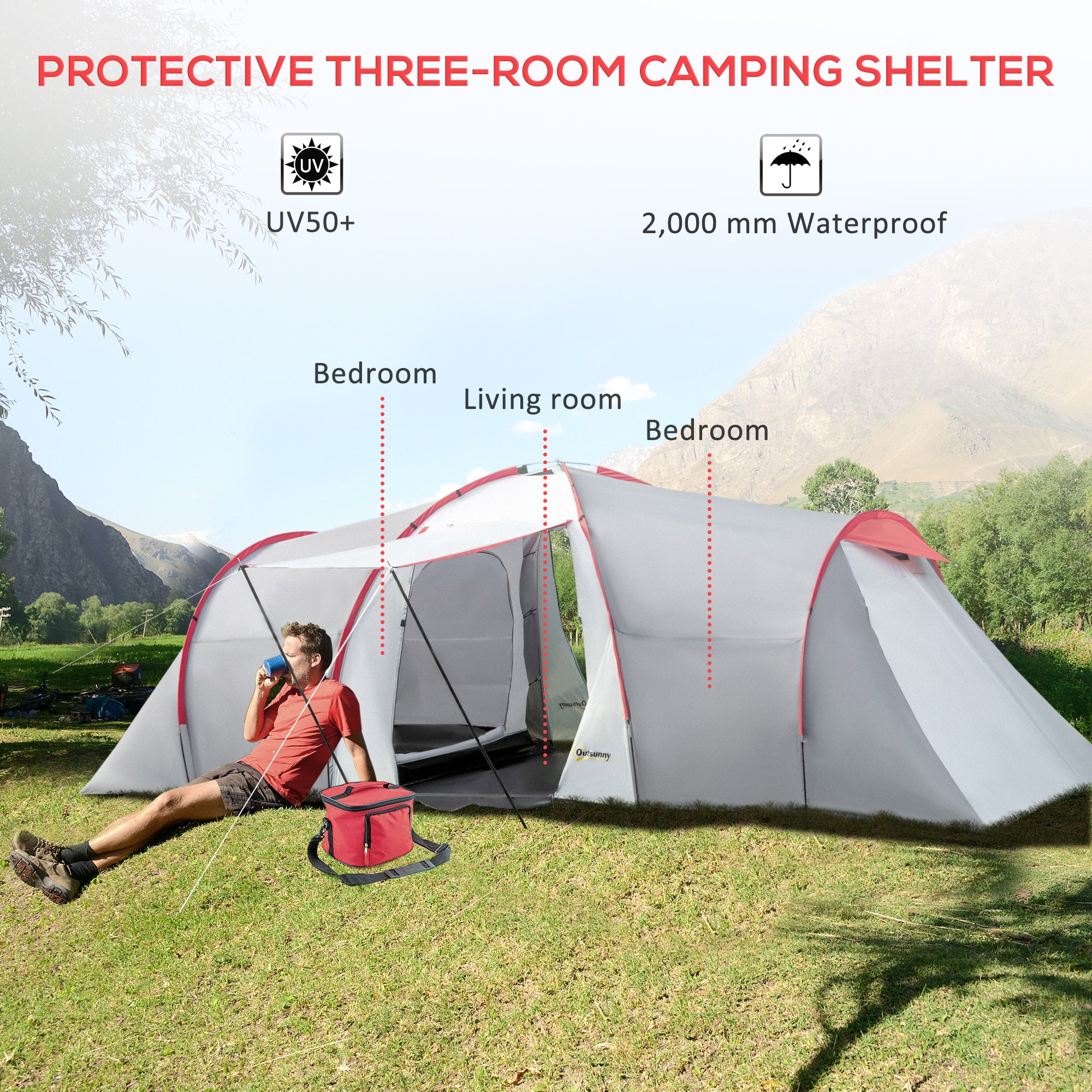 Outsunny Four-Man Tunnel Tent, with Two Bedrooms and Living Room - Grey/Red - North Peak Garden Furniture