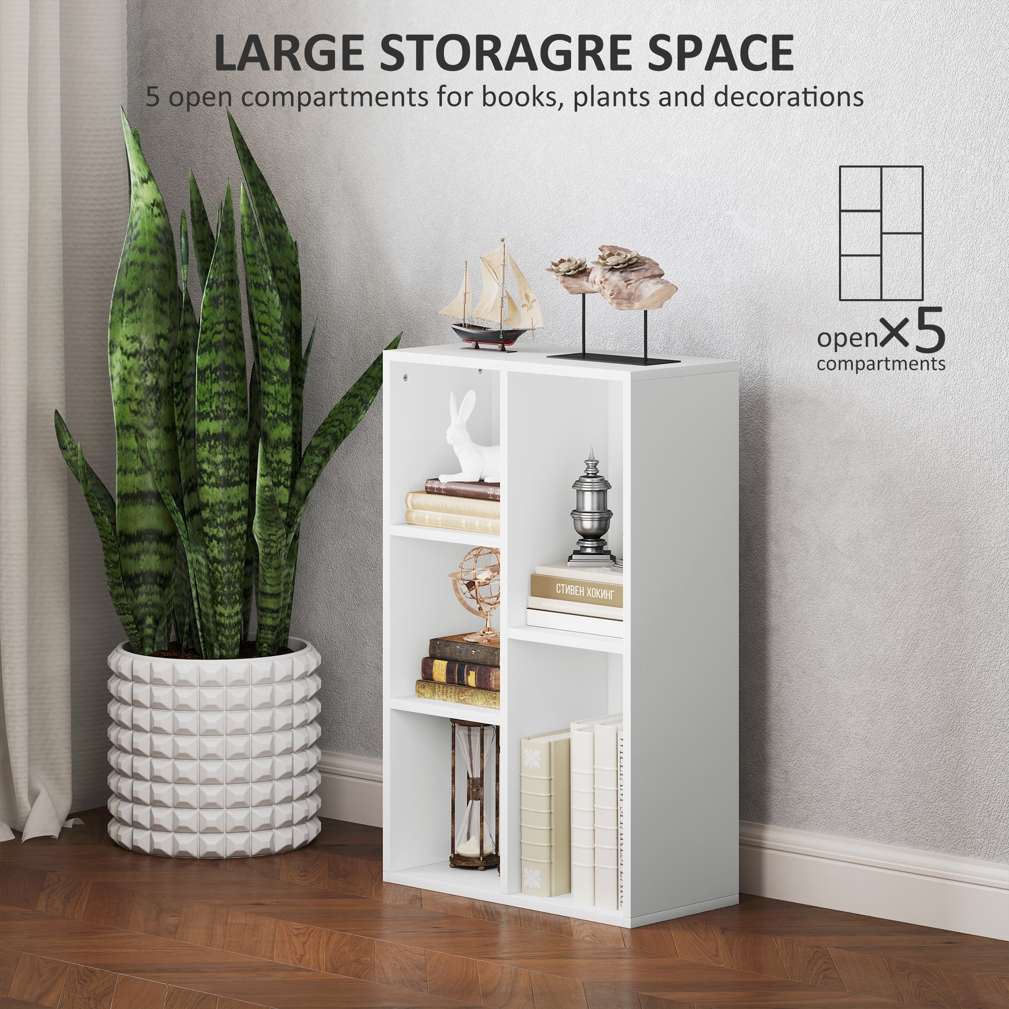 HOMCOM 2-Tier Bookshelf with 5 Compartments - White - North Peak Garden Furniture