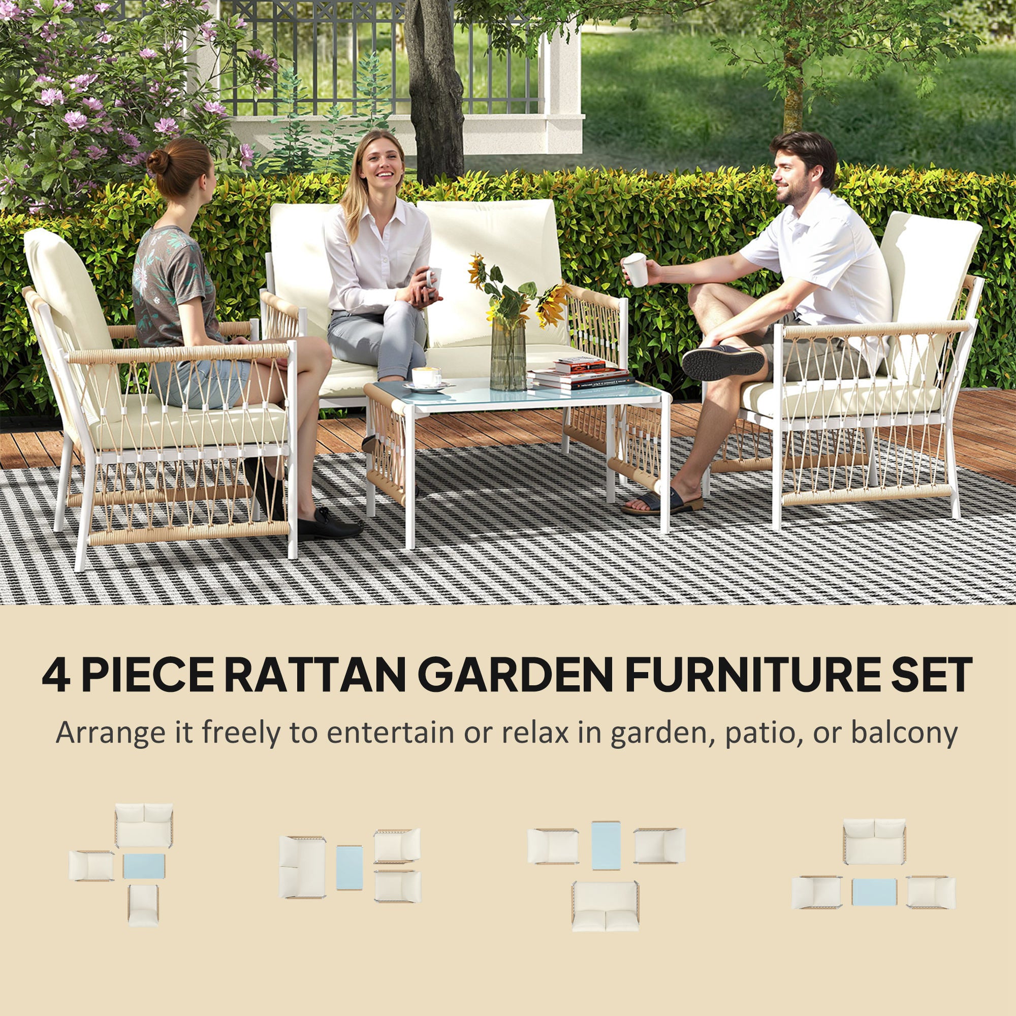 Outsunny 4 Piece Rattan Garden Furniture Set, 4 Seater Wicker Patio Conversation Set with 2 Armchairs, Loveseat, Glass Top Coffee Table and Cushions for Outdoor, Balcony, Khaki - North Peak Garden Furniture