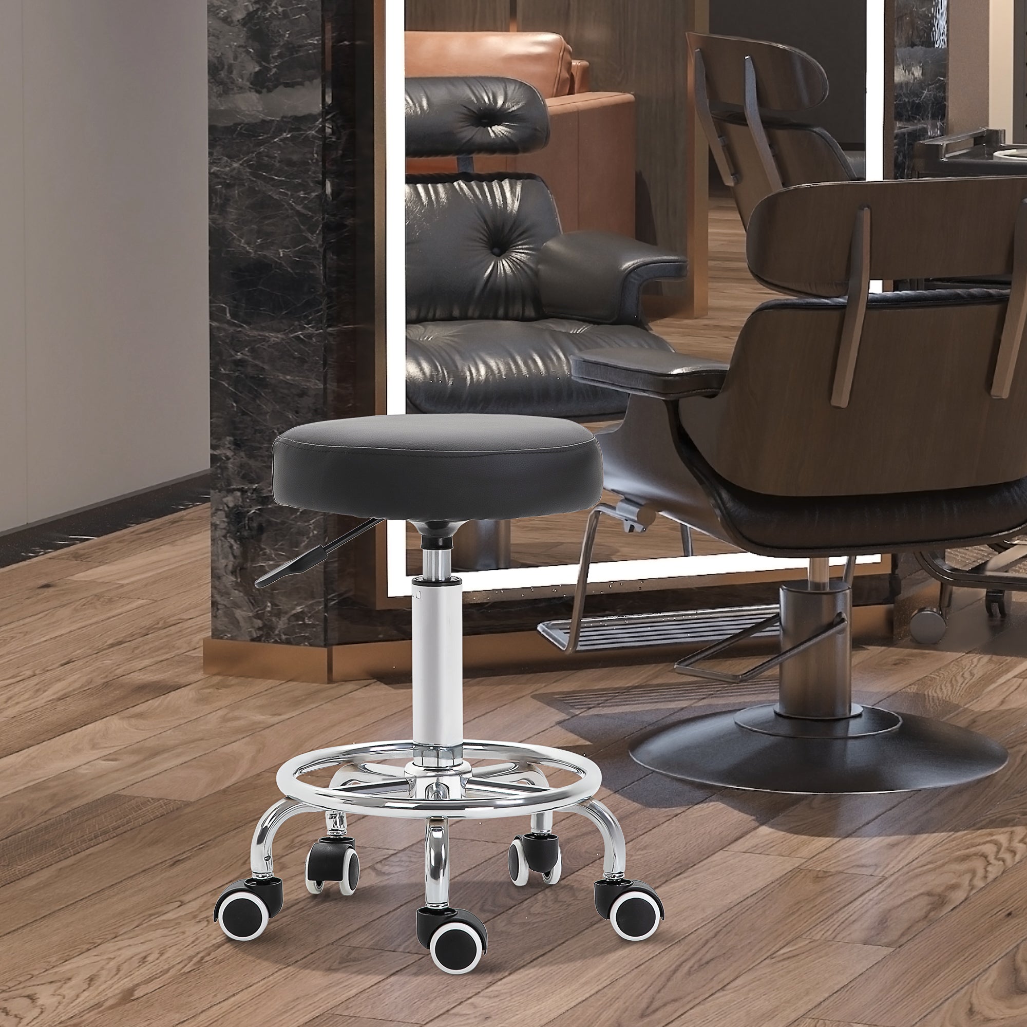Vinsetto Round Rolling Stool, PU Leather Height Adjustable Stool Chair with Wheels and Swivel Seat for Salon, Massage, Spa, Home Kitchen, Black - North Peak Garden Furniture