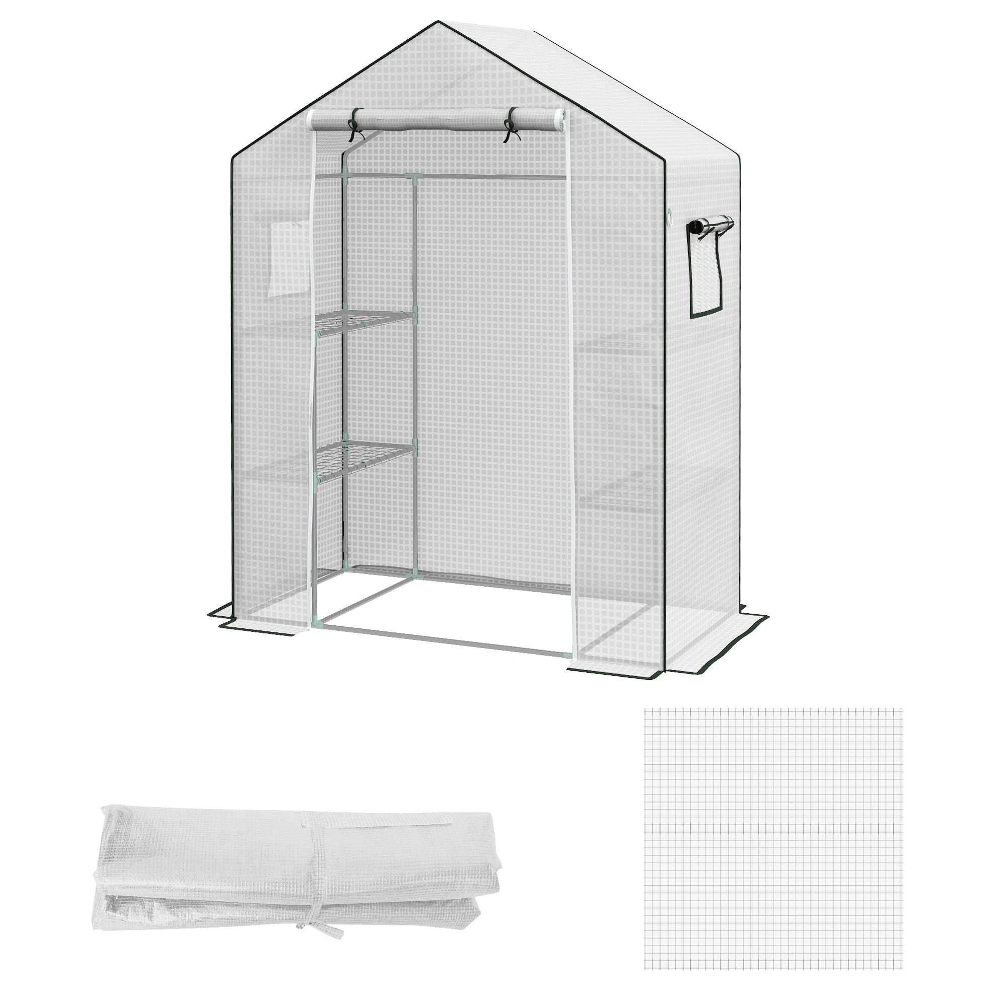 Outsunny Greenhouse Cover Replacement Walk-in PE Hot House Cover with Roll-up Door and Windows, 140 x 73 x 190cm, White