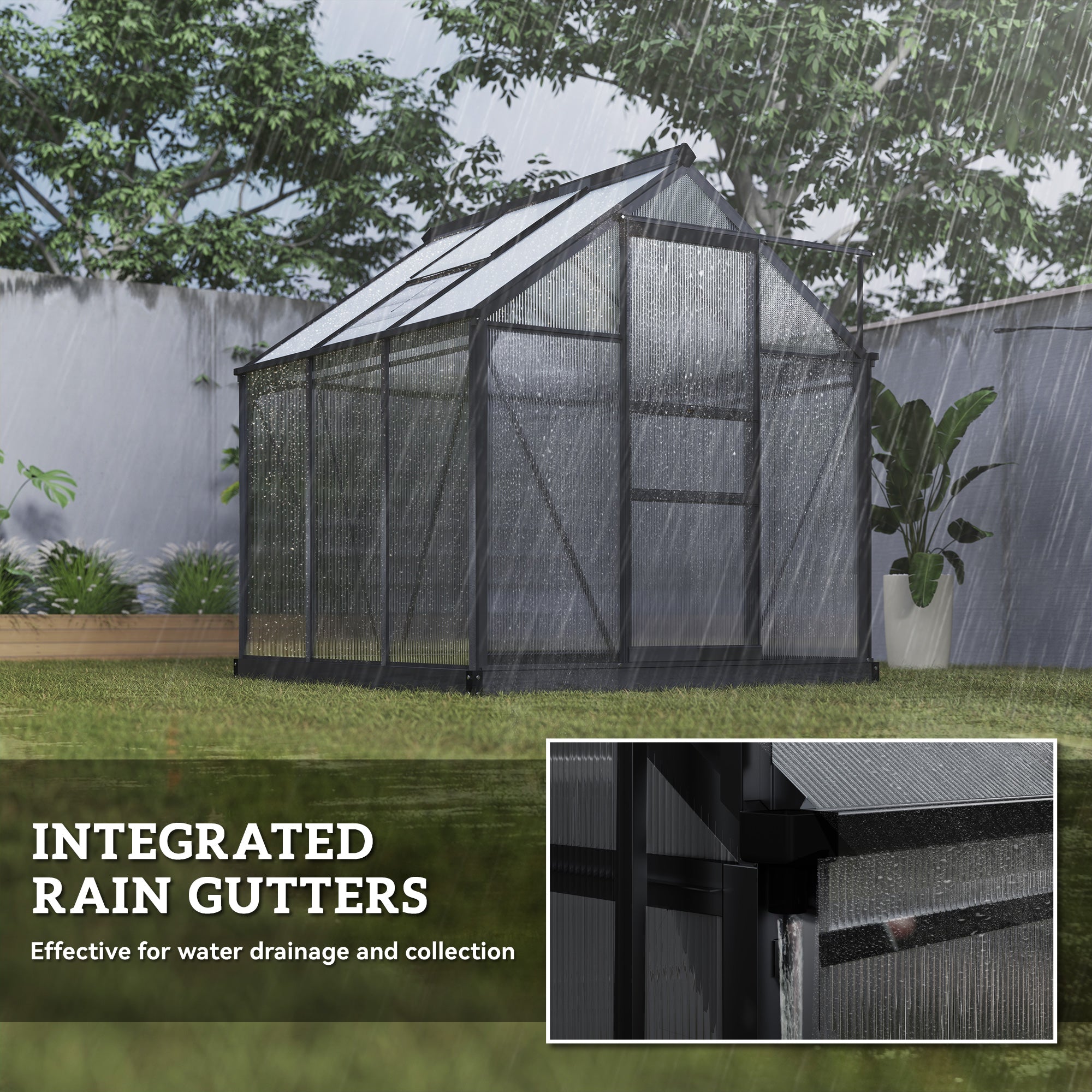 Outsunny 6 x 6ft Polycarbonate Greenhouse, Large Walk-In Green House with Slide Door and Window, Garden Plants Grow House with Aluminium Frame and Foundation, Grey