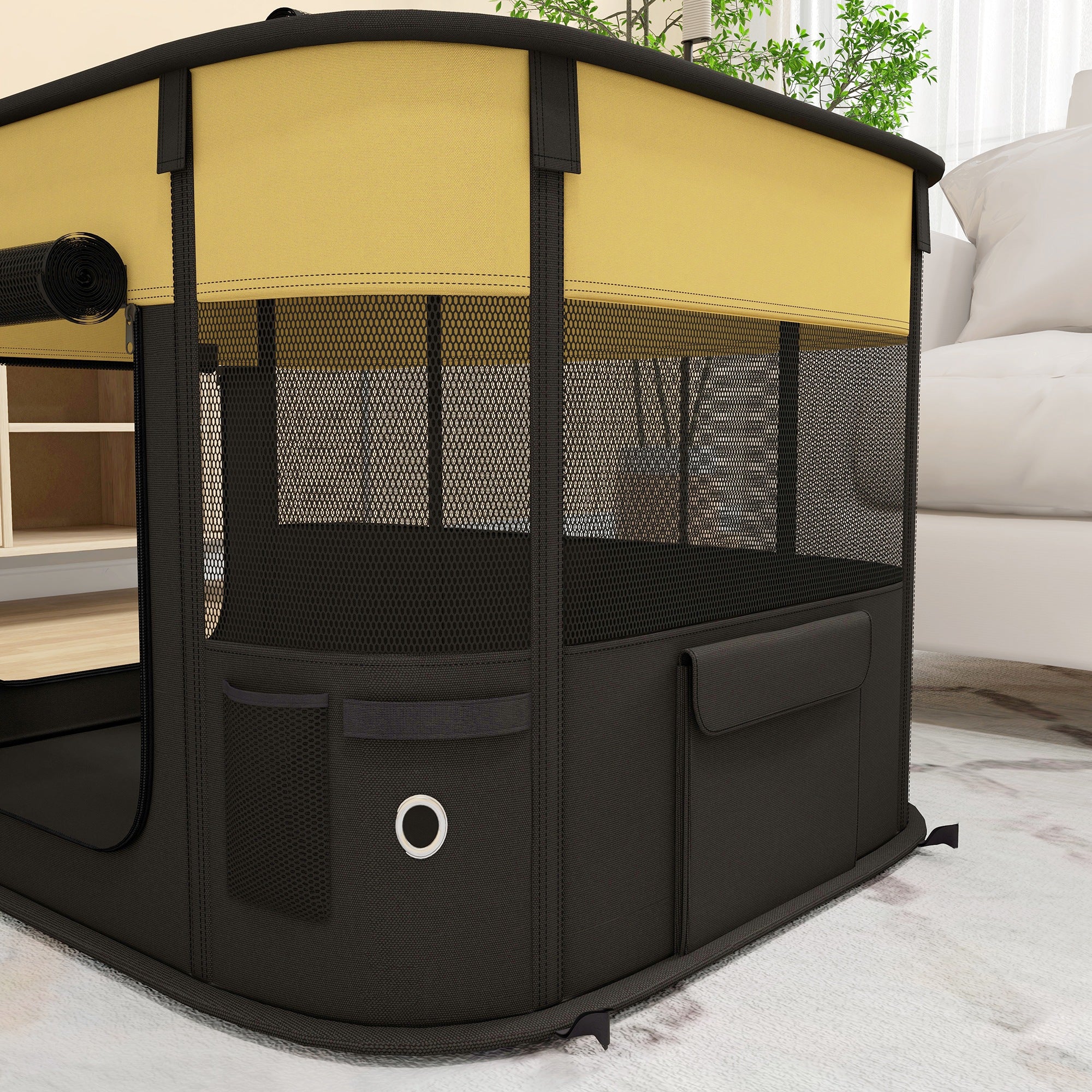 PawHut Foldable Dog Pen with Storage Bag for Indoor/Outdoor Use, Portable Pet playpen, with Ground Stakes - Yellow - North Peak Garden Furniture