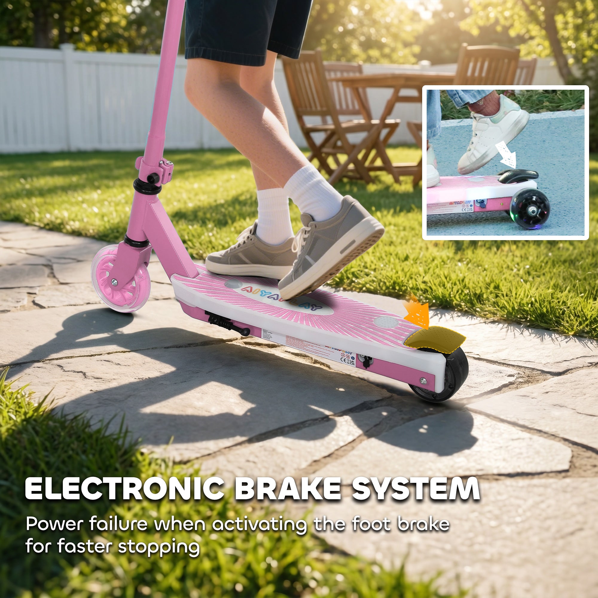 AIYAPLAY Electric Scooter for Kids Ages 4-7, with Auxiliary Rear Wheels, Flashing LED Light and Electric Brake, Kids Electric Scooter for Boys Girls, 6 KM/H & 8 KM, Pink