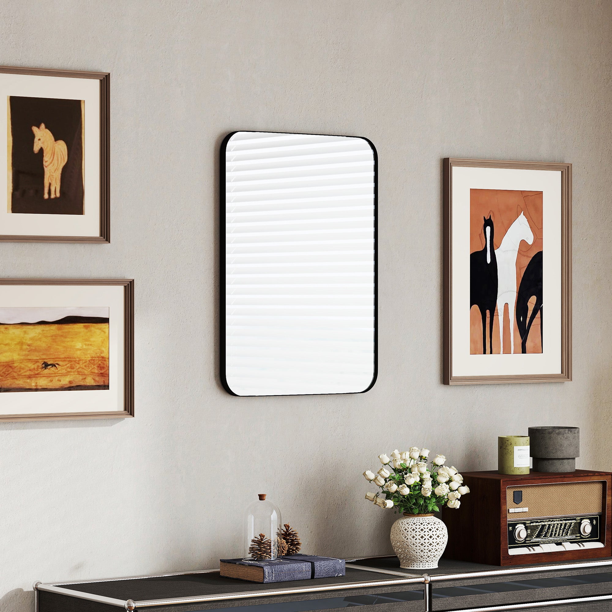 HOMCOM 70 x 50cm Curved Bathroom Mirror - Black - North Peak Garden Furniture