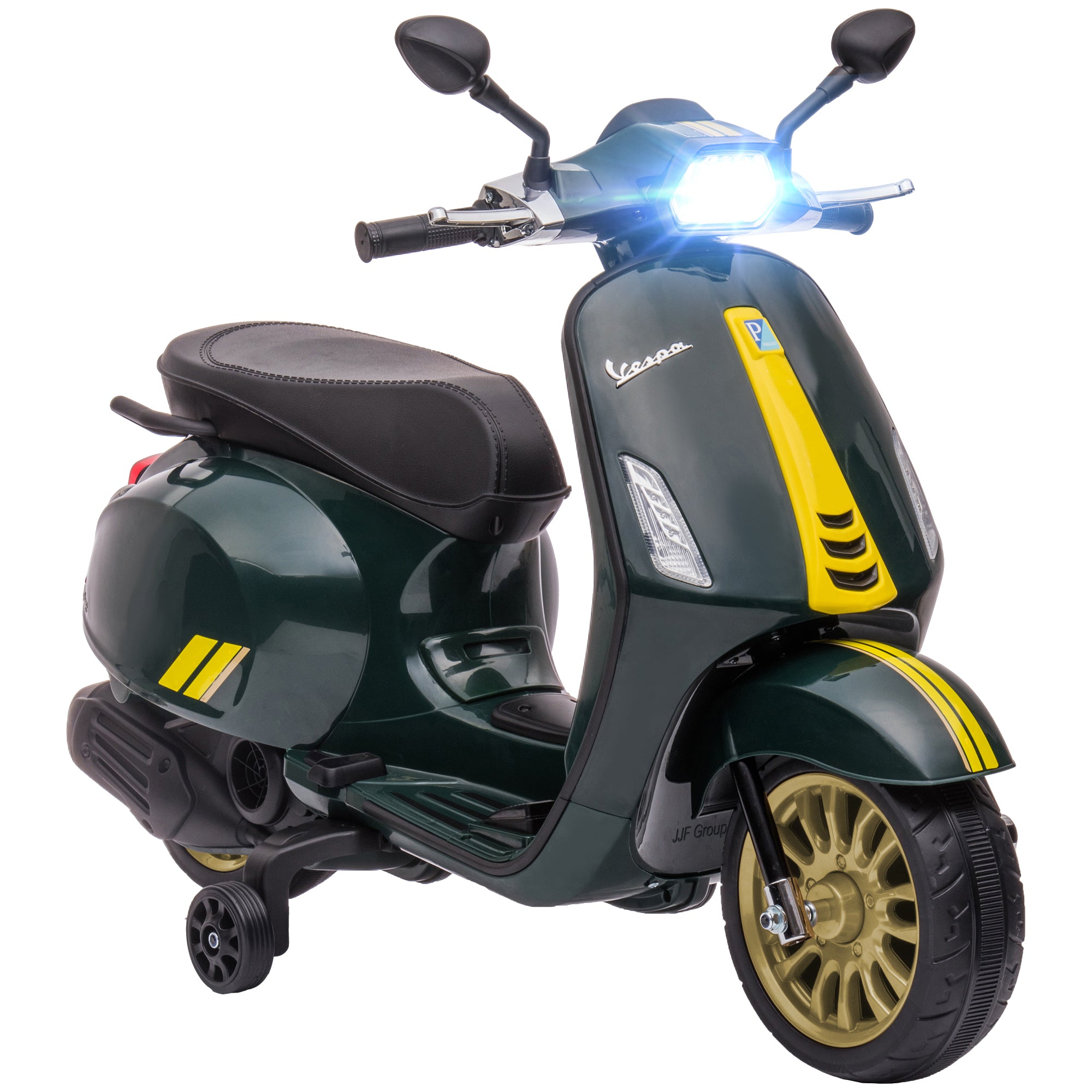 AIYAPLAY 12V Vespa Licensed Kids Electric Motorbike w/ Music, Headlights, FM Radio, for 3-6 Years - Green - North Peak Garden Furniture