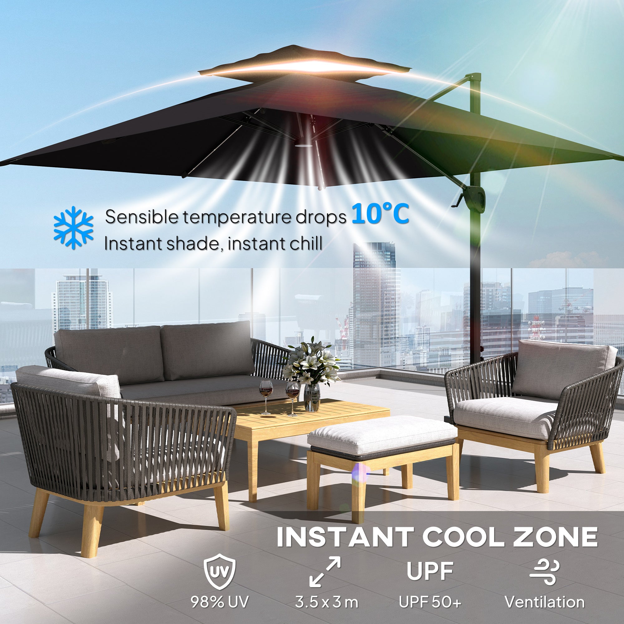 Outsunny Multi-Angle LED Light Parasol Umbrella - Black