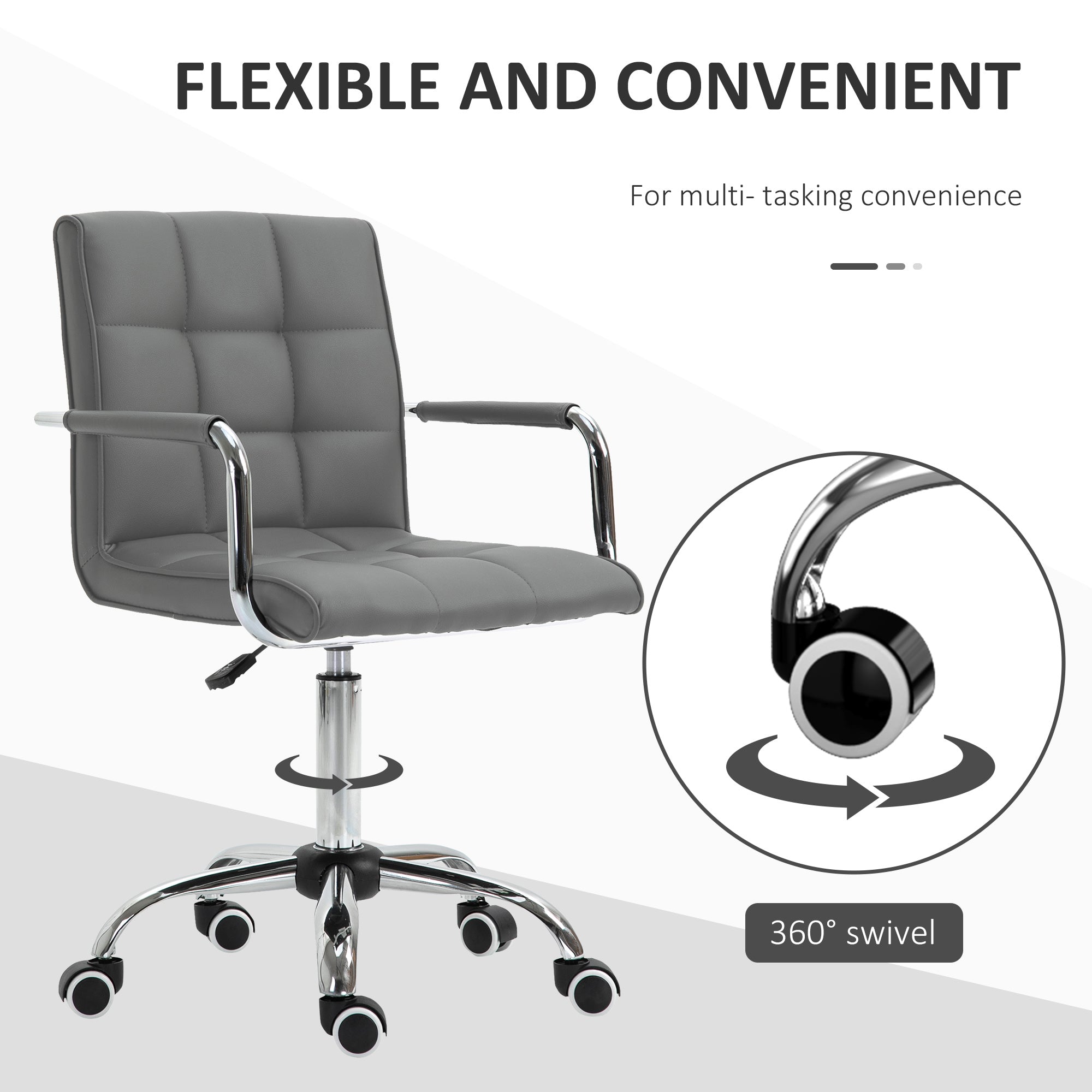 Vinsetto PU Leather Home Office Desk Chair, Computer Chair with Mid Back, Arm, Swivel Wheels, Adjustable Height, Grey - North Peak Garden Furniture