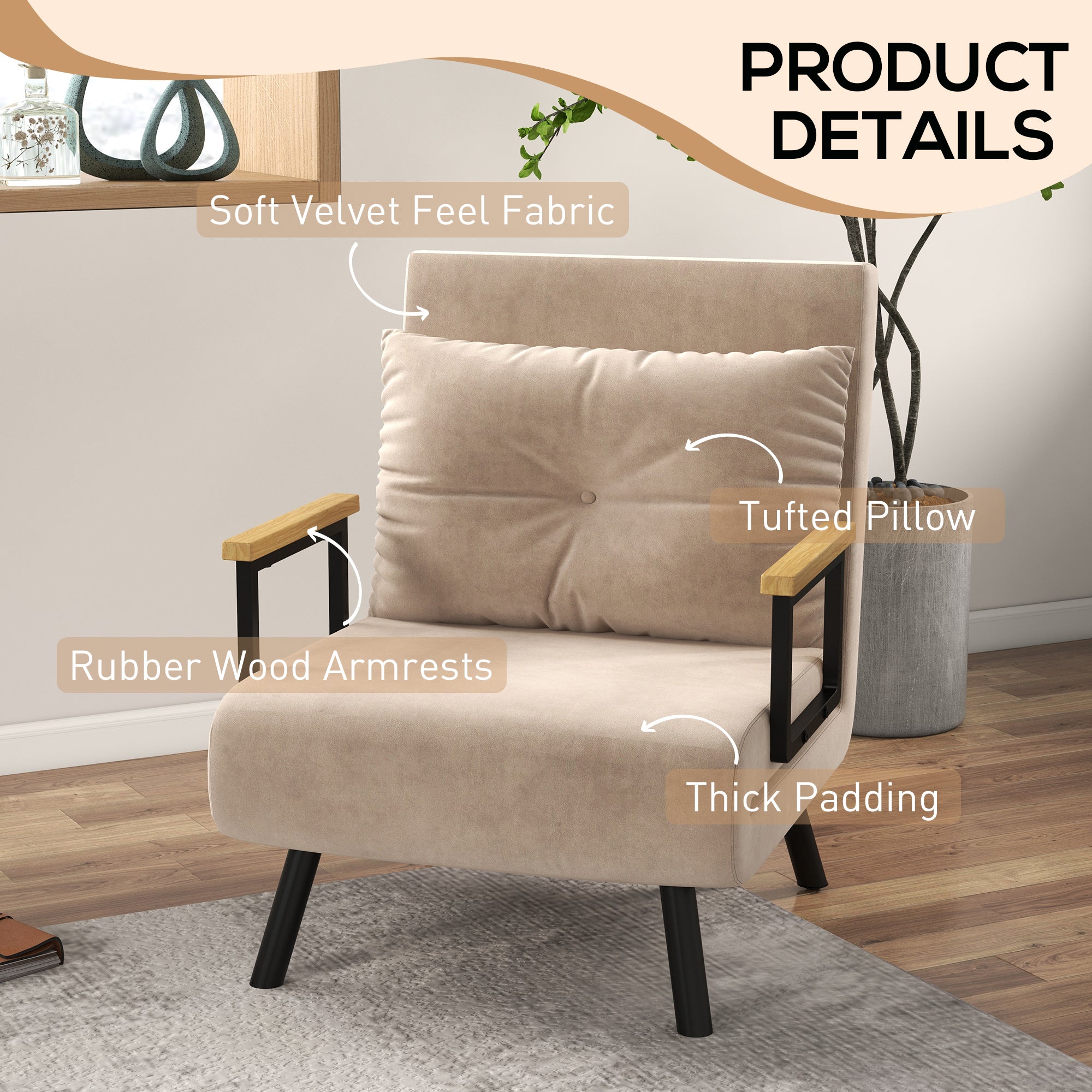 HOMCOM 4-in-1 Velvet-Feel Single Chair Bed, with Pillow - Beige - North Peak Garden Furniture