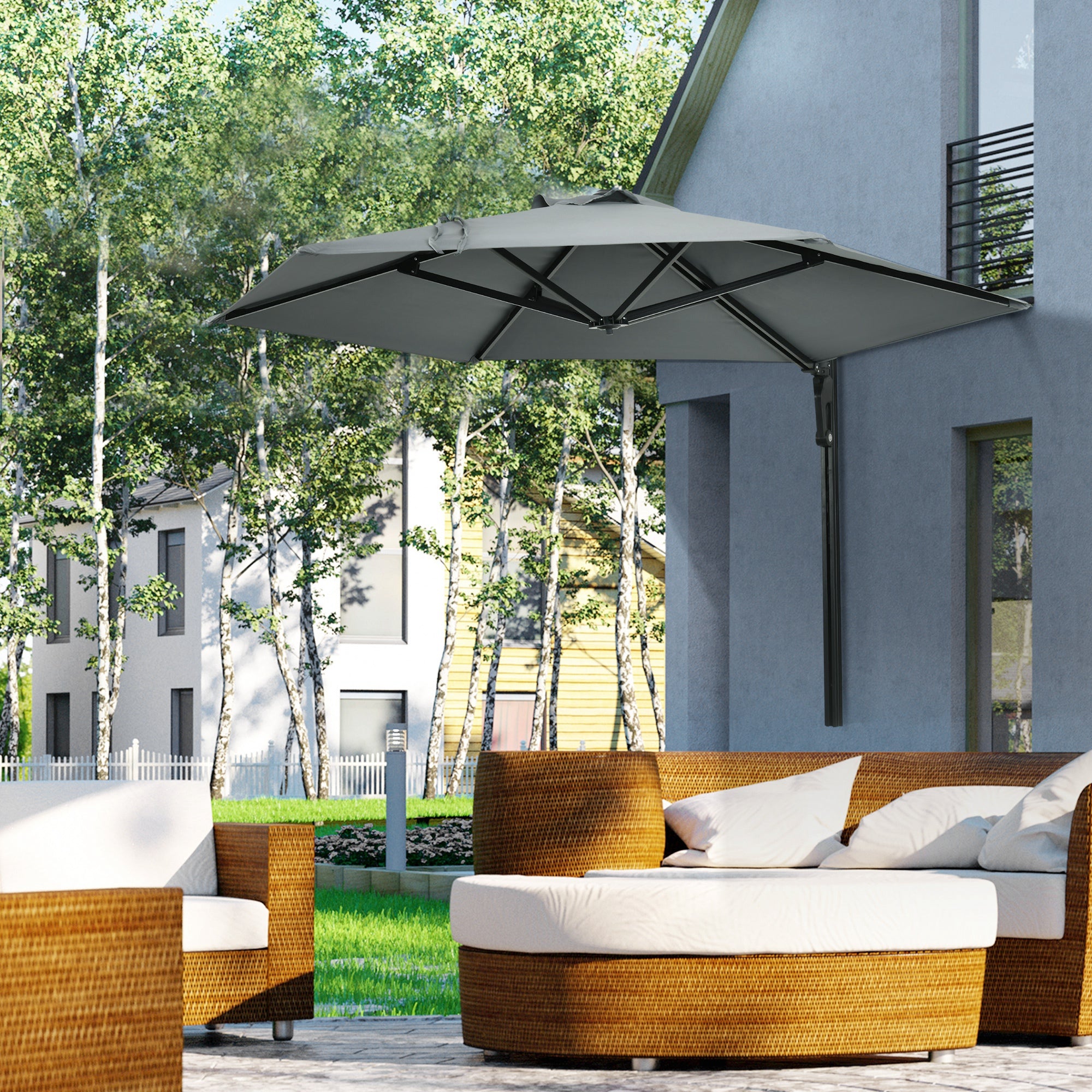 Outsunny 2.5m Wall Mounted Parasol, Hand to Push Outdoor Patio Umbrella with 180 Degree Rotatable Canopy for Porch, Deck, Garden, 250 cm, Grey - North Peak Garden Furniture