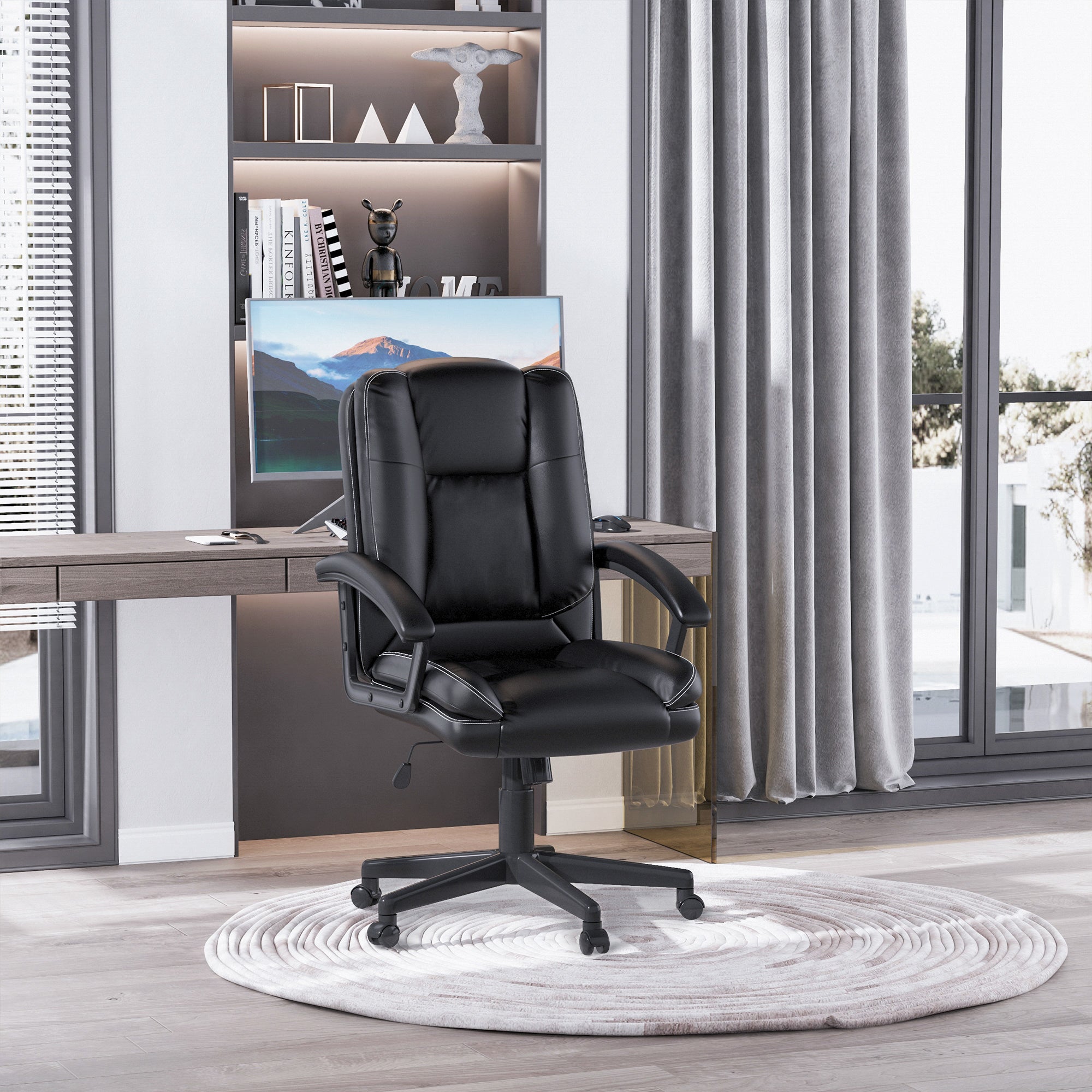 HOMCOM Office Chair, Faux Leather Computer Desk Chair, Mid Back Executive Chair with Adjustable Height and Swivel Rolling Wheels for Home Study, Black