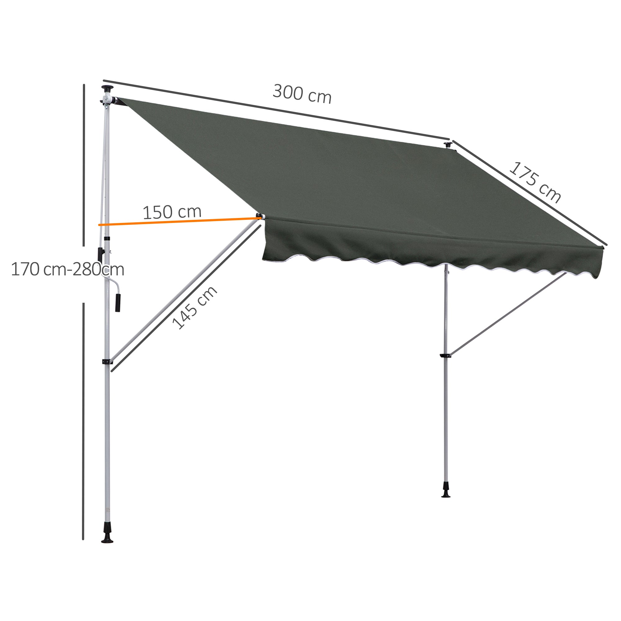 Outsunny Balcony 3 x 1.5m Manual Adjustable Awning DIY Patio Clamp Awning Canopy  Retractable Shade Shelter - Grey