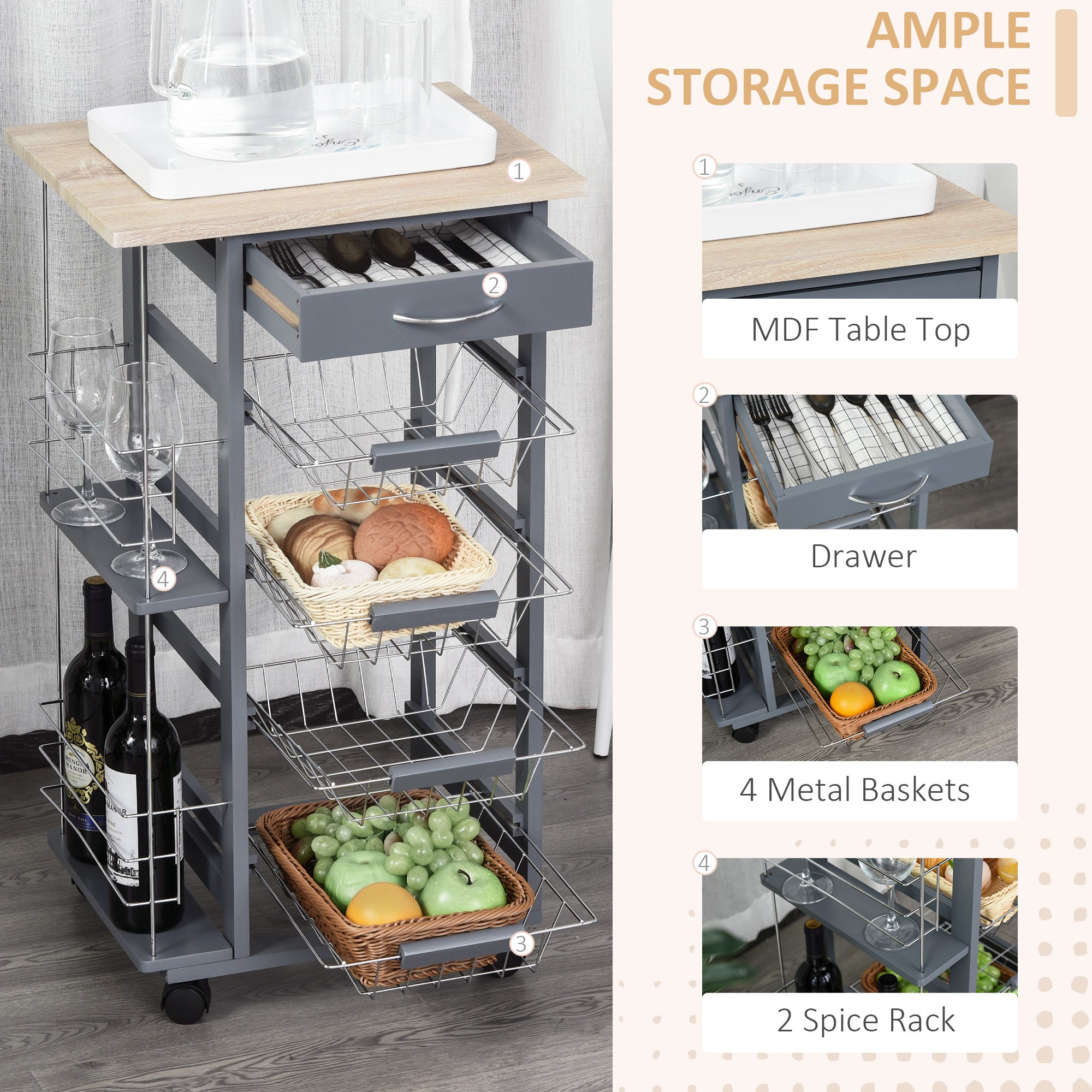 HOMCOM Rolling Kitchen Cart, Utility Storage Cart with 4 Basket Drawers & Side Racks, Wheels for Dining Room, Grey