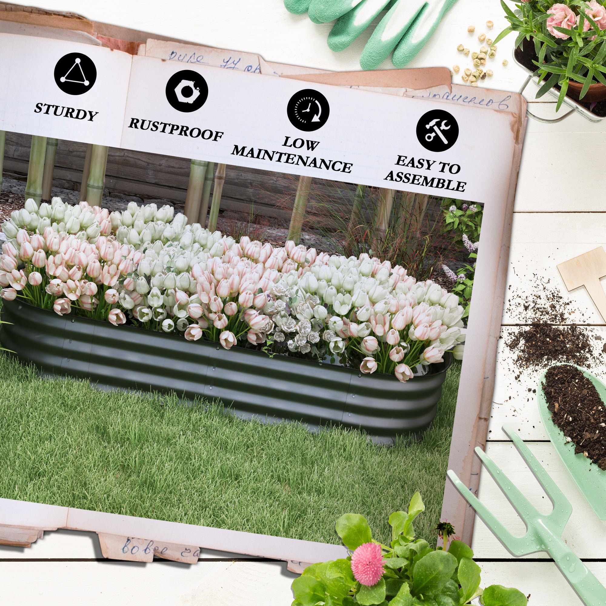 Outsunny Galvanised Raised Garden Bed, Metal Planter Box with Safety Edging, for Flowers, Herbs, Succulents, Dark Grey - North Peak Garden Furniture