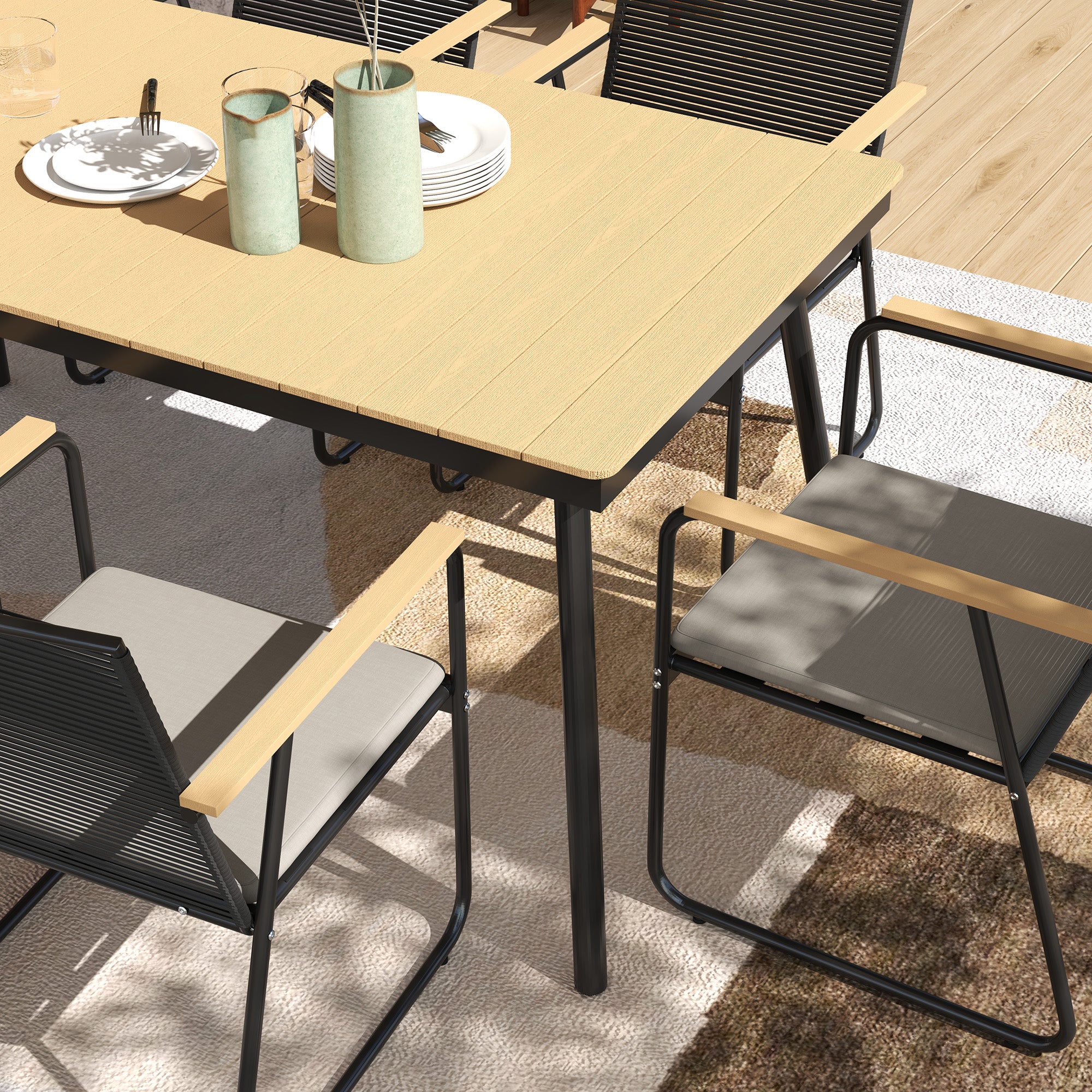 Outsunny 6 Seater Garden Dining Set with Soft Cushions, Rattan Backrest, Rectangular Plastic Top, Garden Furniture Set, Outdoor Dining Table and Chairs for Patio, Balcony, Poolside, Nature Wood Finish - North Peak Garden Furniture