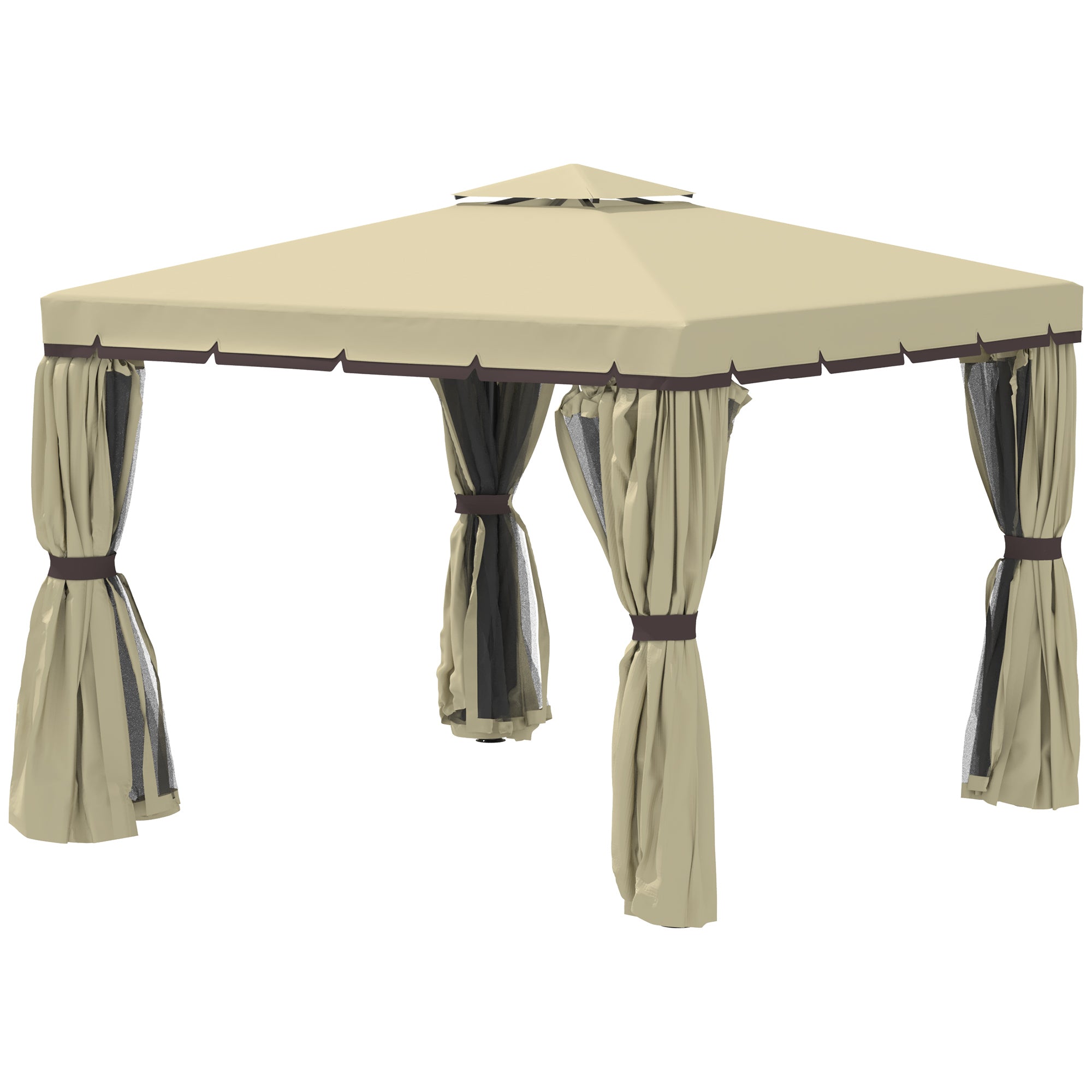 Outsunny 3 x 3(m) Patio Gazebo Canopy Garden Pavilion Tent Shelter with 2 Tier Water Repellent Roof, Mosquito Netting and Curtains, Aluminium Frame, Beige - North Peak Garden Furniture