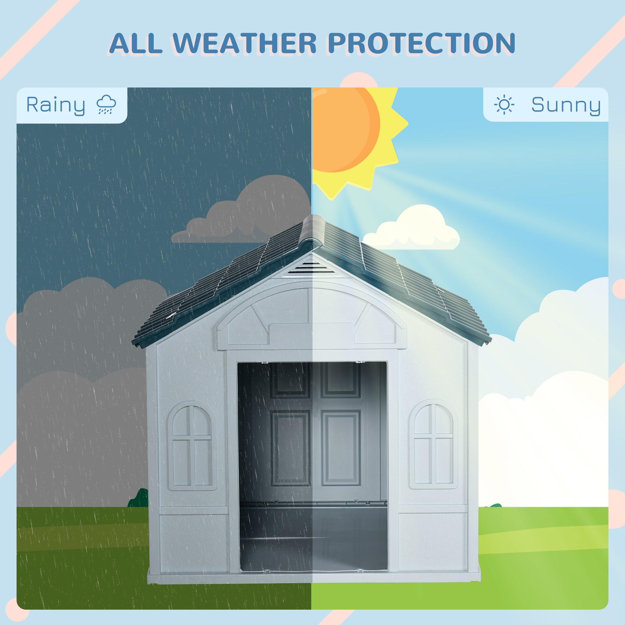 PawHut Plastic Weather-Resistant Dog House, for Indoors and Outdoors, Large Dogs - White and Blue - North Peak Garden Furniture