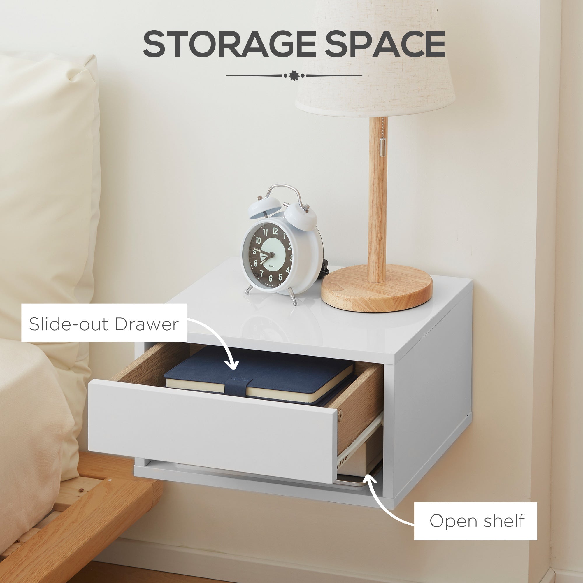 HOMCOM 2 Pieces Bedside Table Wall Mounted Nightstand with Drawer and Shelf for Bedroom, 37 x 32 x 21cm, High Gloss White - North Peak Garden Furniture