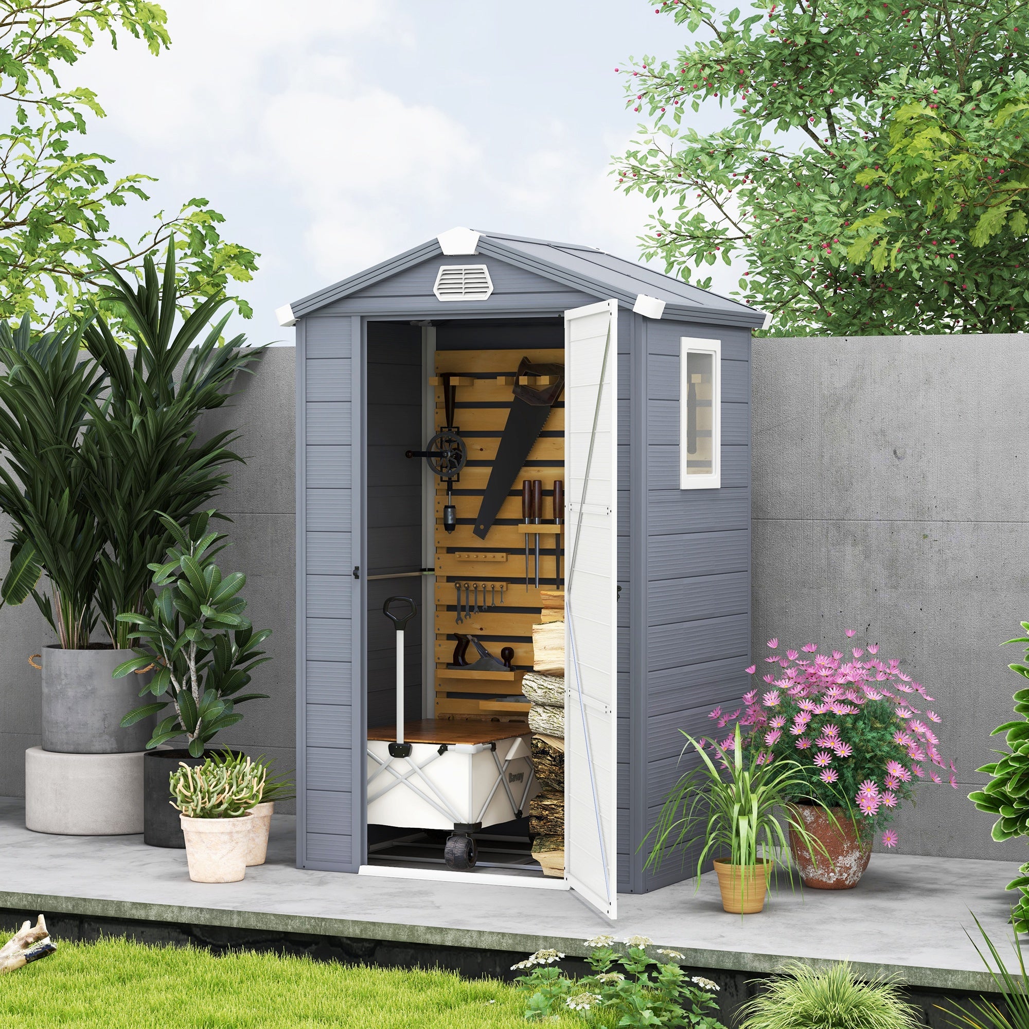 Outsunny 4.4ft x 3.3ft size Aluminium Frame and Plastic Wall Shed, with Foundation - Grey - North Peak Garden Furniture