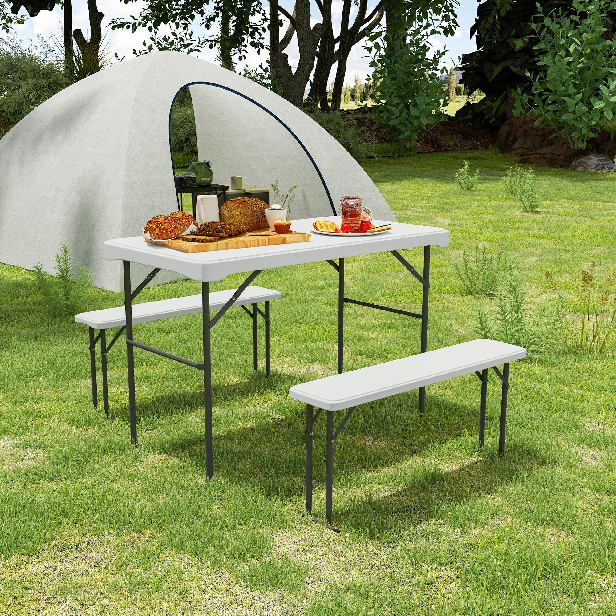 Outsunny 3 Piece 4ft Folding Picnic Table and Bench Set, Portable HDPE Camping Table and Chairs with Carrying Handle for Indoor Outdoor, Dining, Camping, Picnic, BBQ, Party, Light Grey - North Peak Garden Furniture