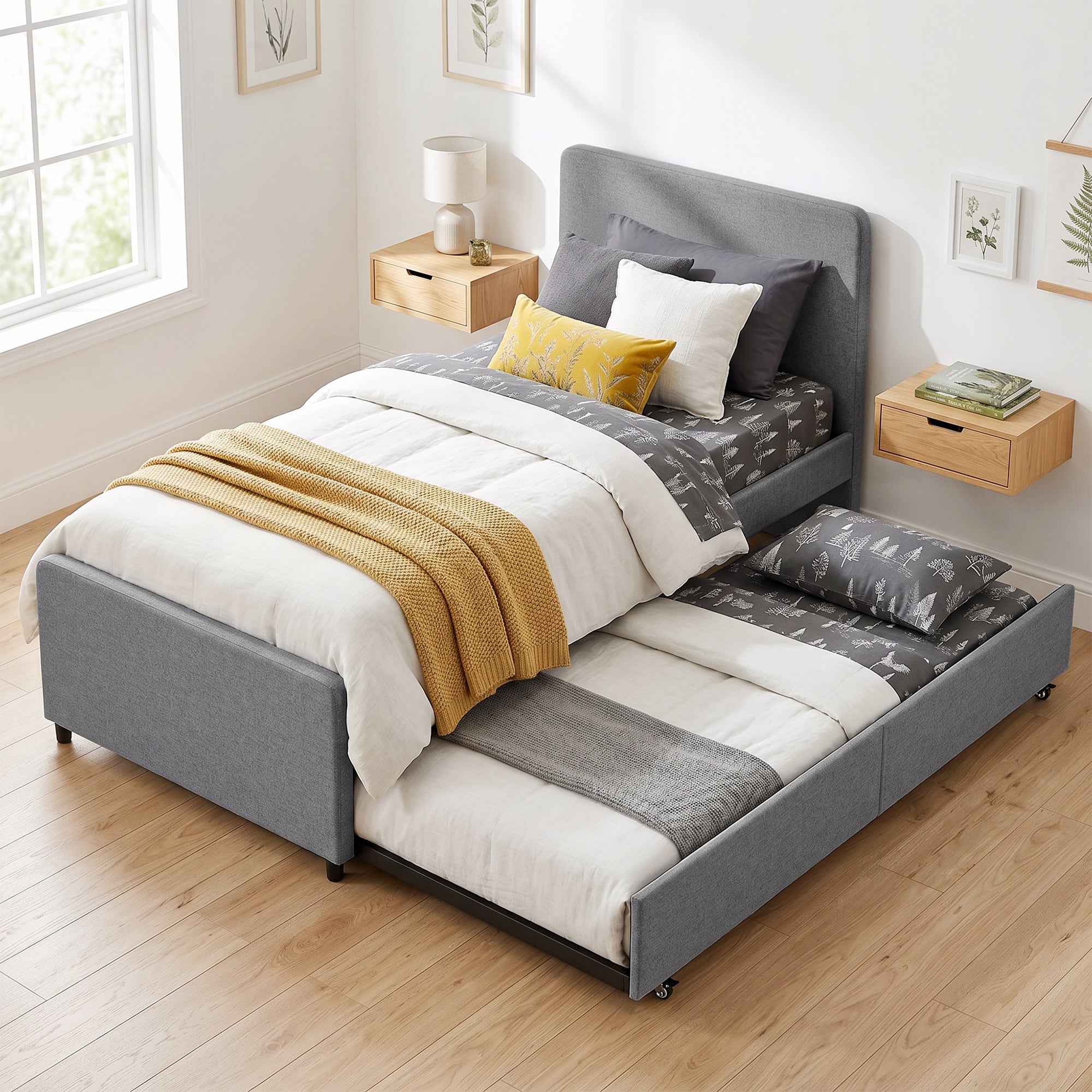 HOMCOM 3ft Single Bed Frame with Trundle, Upholstered Pull Out Trundle Bed with Headboard and Footboard, Dark Grey