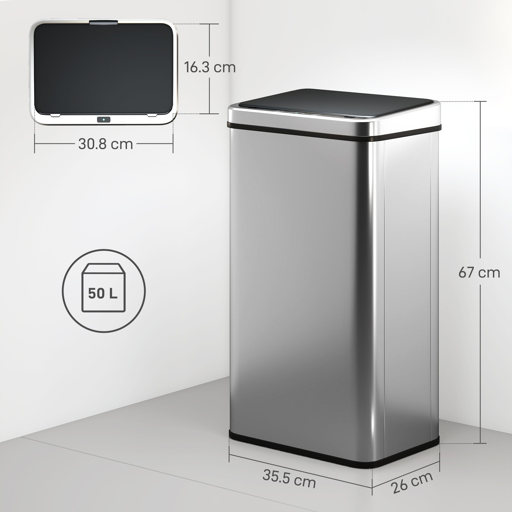 HOMCOM 50L Sensor Bin with Quiet Soft-Close Lid, Automatic Touchless Motion Sensor Kitchen Bin with Fingerprint Resistant Stainless Steel for Hygienic Gyms, Home Office Use, Silver Tone