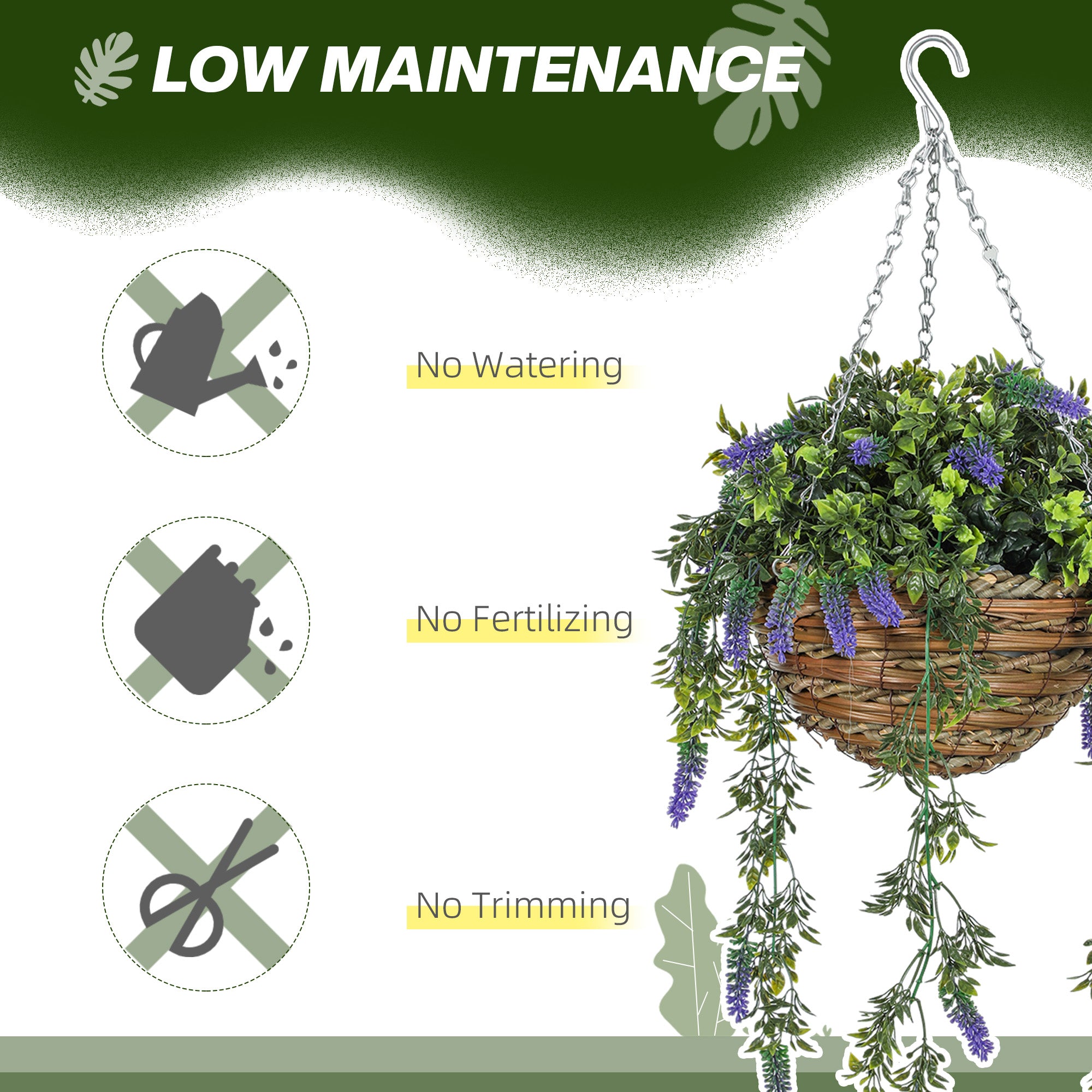 HOMCOM Set of 2 Decorative Artificial Plants, Faux Silk Lavender Flowers in Hanging Baskets, Fake Plants for Home Indoor Outdoor Decor, Purple - North Peak Garden Furniture