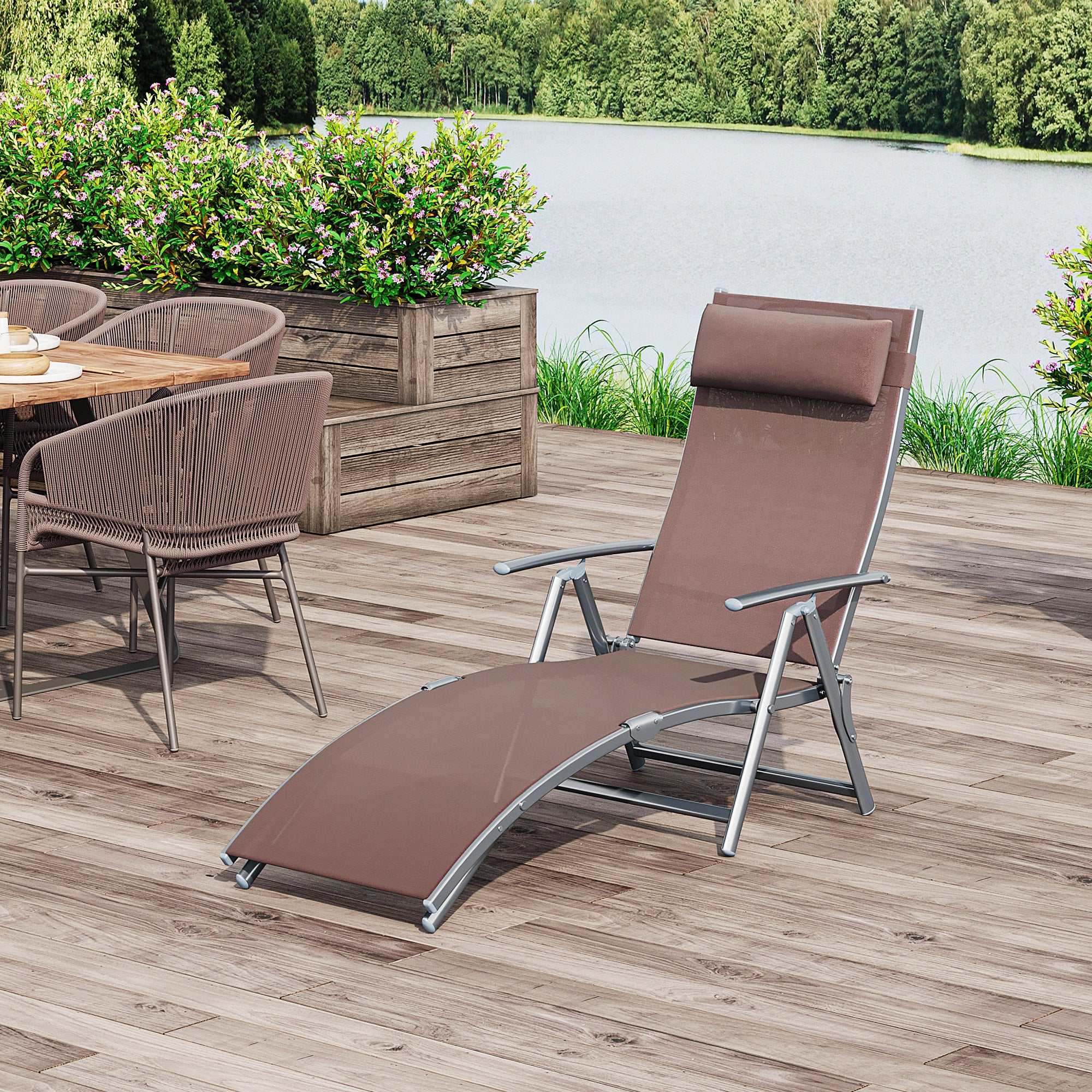 Outsunny Sun Lounger Steel Frame Outdoor Folding Chaise Texteline Lounge Chair Recliner with Headrest & 7 Levels Adjustable Backrest, Brown - North Peak Garden Furniture