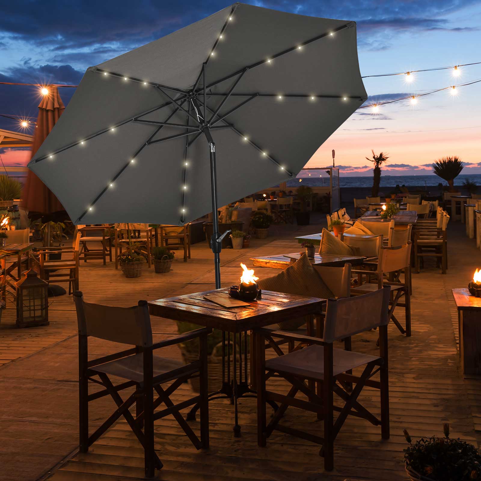 Outsunny Φ2.7m Garden 24 LED Light Parasol Solar Outdoor Tilt Sun Umbrella Patio Club Party Event Manual Sun Shade w/ Hand Crank and 8 Ribs, Grey - North Peak Garden Furniture