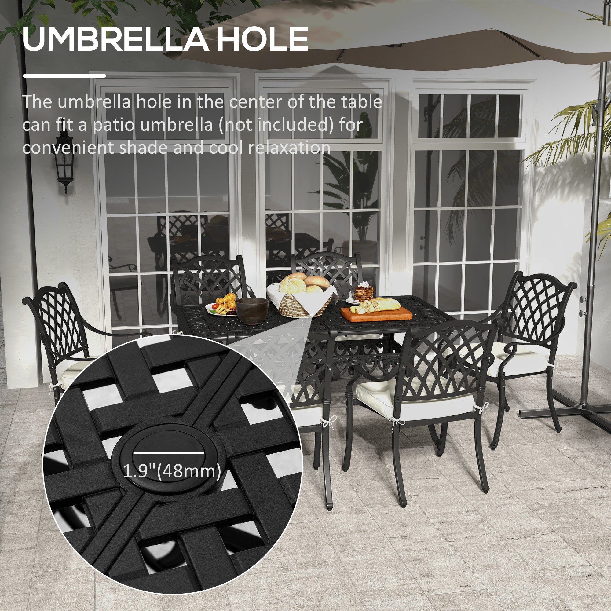 Outsunny 7 Pieces Aluminium Patio Dining Set with Umbrella Hole Black - North Peak Garden Furniture