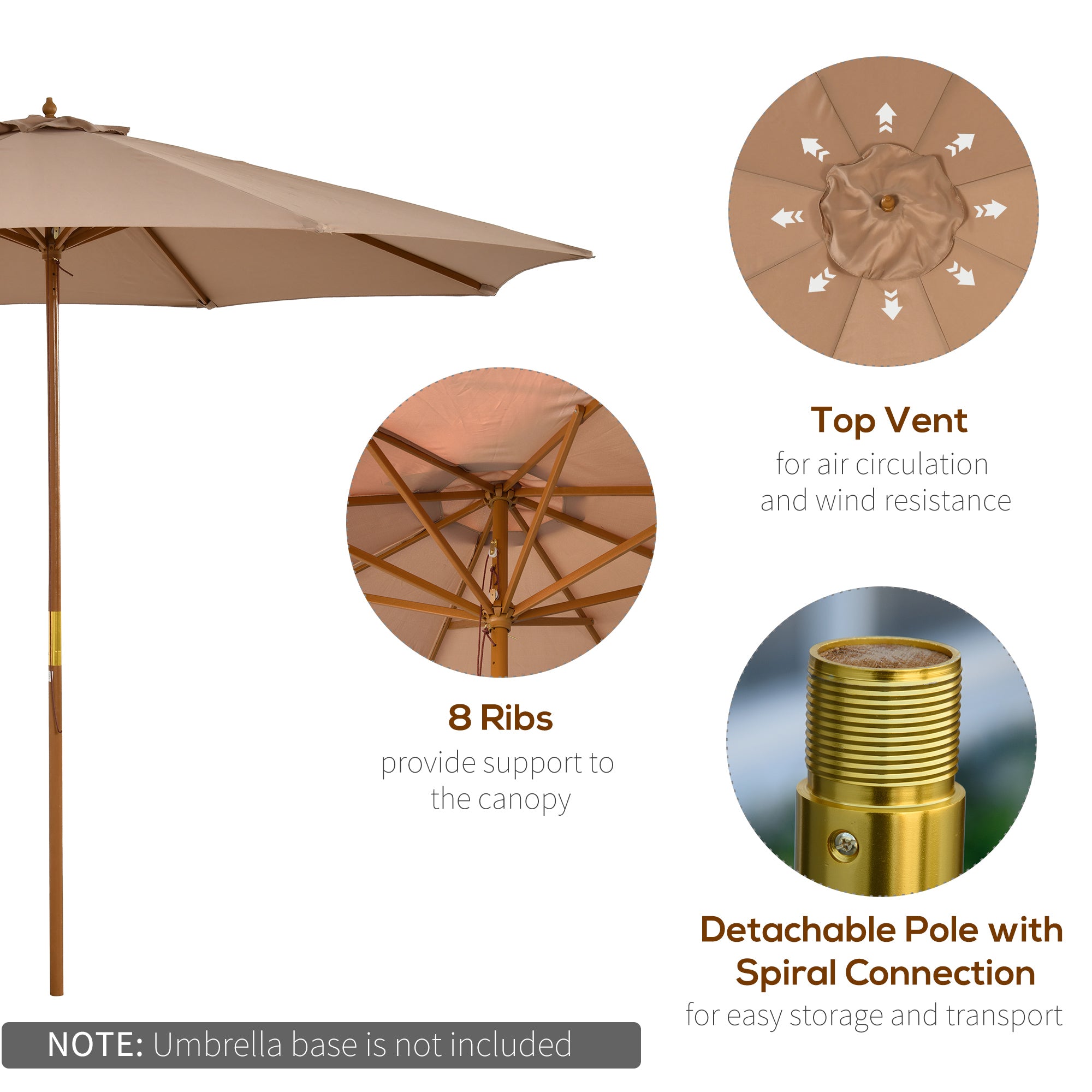Outsunny 3(m) Garden Umbrella Wooden Parasol 8 Ribs Bamboo Sun Shade Patio Outdoor Umbrella Canopy Khaki - North Peak Garden Furniture
