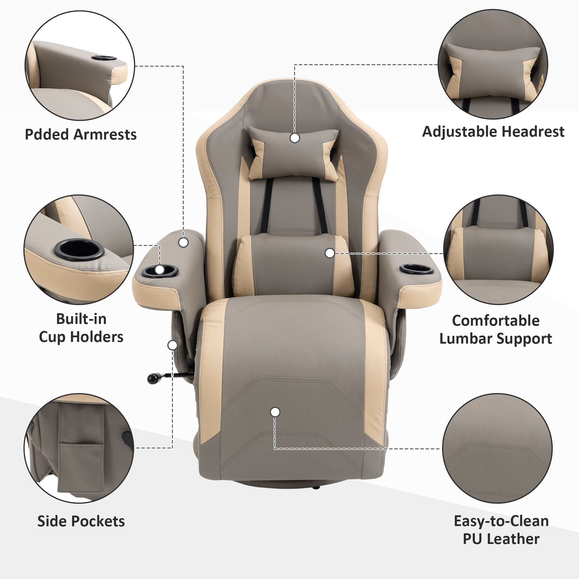HOMCOM Manual Recliner Armchair PU Leather Lounge Chair w/ Adjustable Leg Rest, 135° Reclining Function, 360° Swivel, Grey - North Peak Garden Furniture