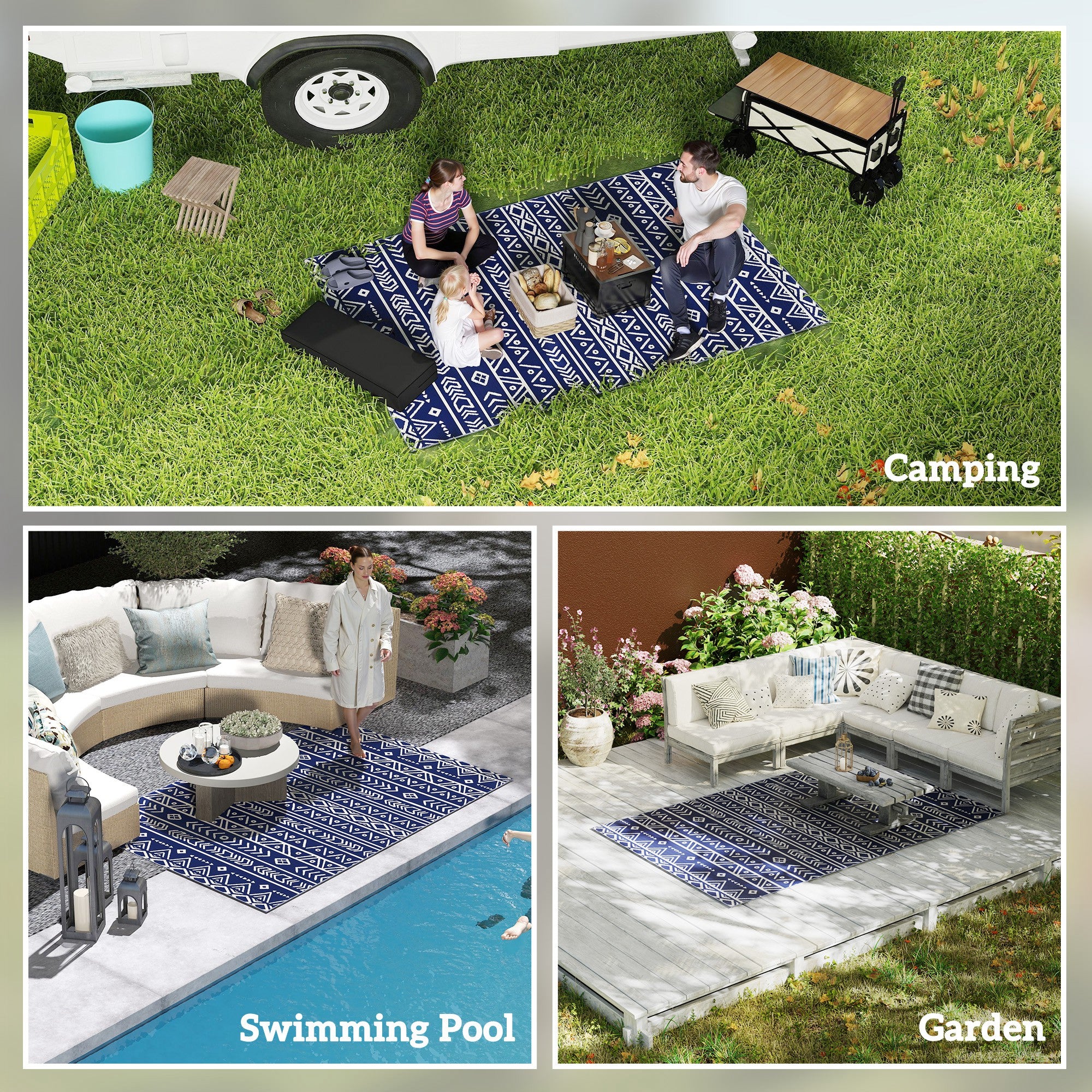 Outsunny Reversible Outdoor Rug with Carry Bag, Waterproof Plastic Straw Mat for Garden, Deck, RV, Picnic, Beach, Camping, 182 x 274cm, Dark Blue and White - North Peak Garden Furniture