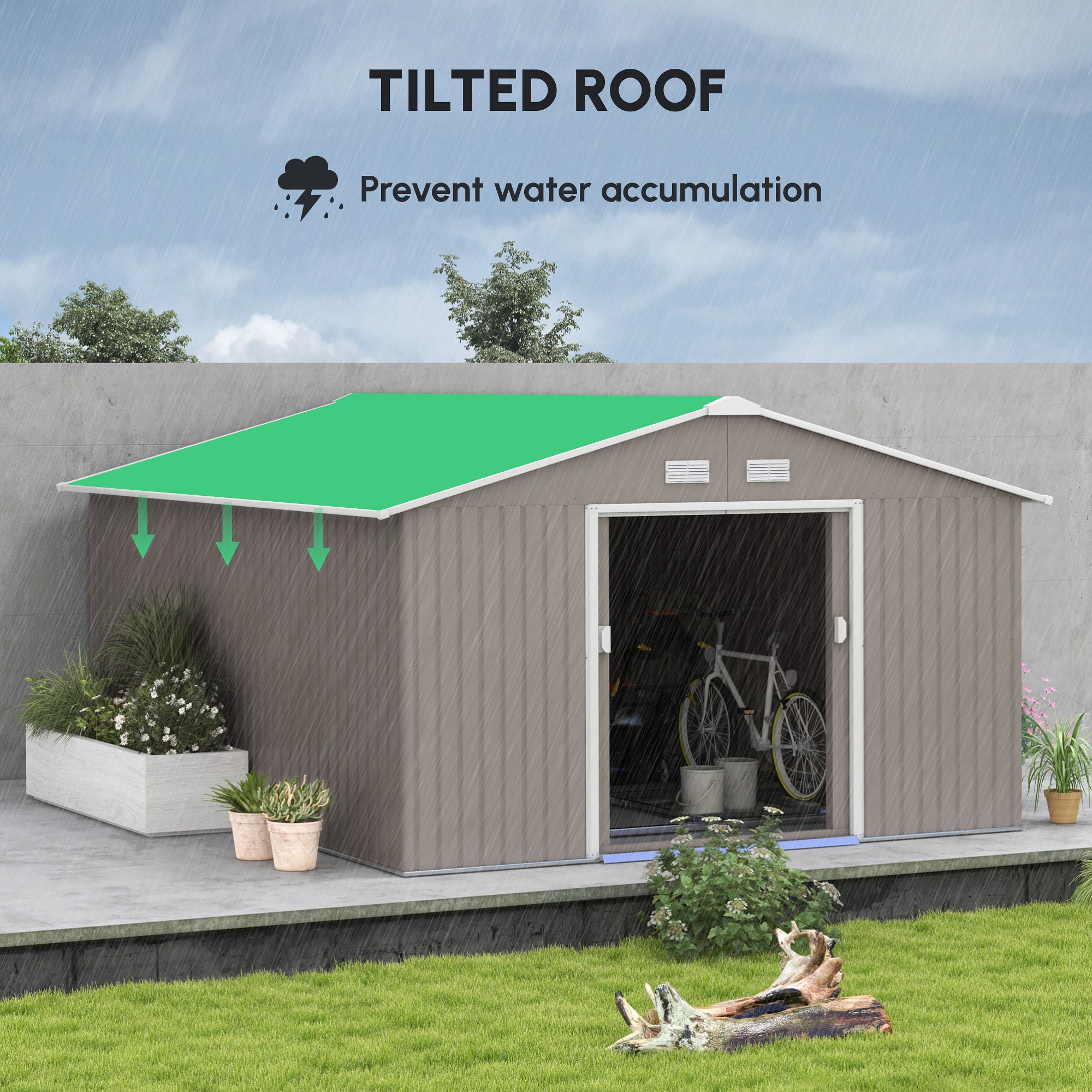 Outsunny 13 x 11ft Garden Metal Storage Shed Outdoor Storage Shed with Foundation Kit Ventilation & Doors, Light Grey - North Peak Garden Furniture